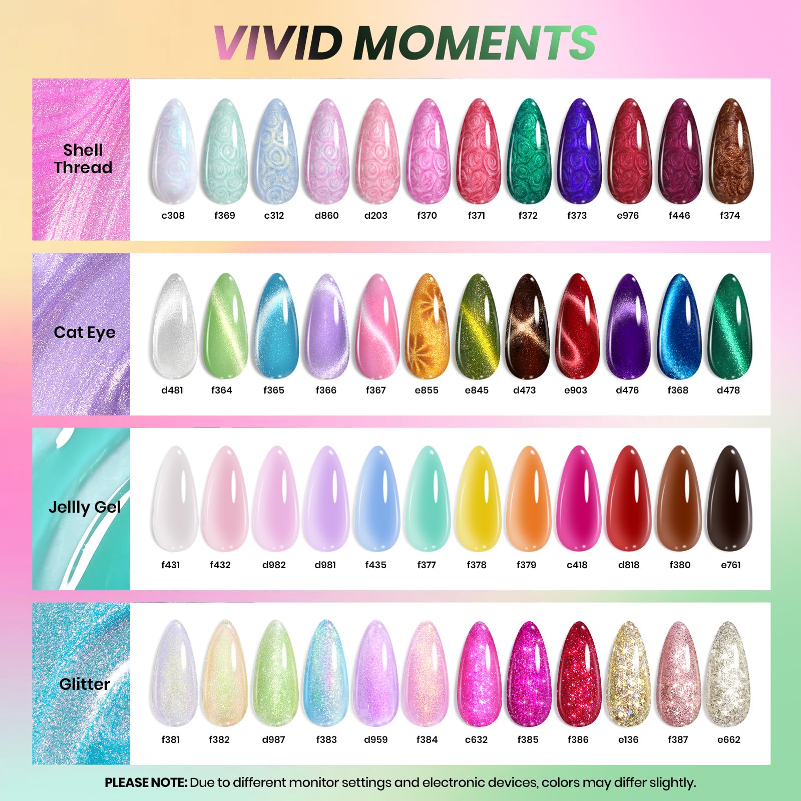 Vivid Moments-48 Colors Jelly Glitter Cat Eye Shell Shread Gel Nail Polish Set