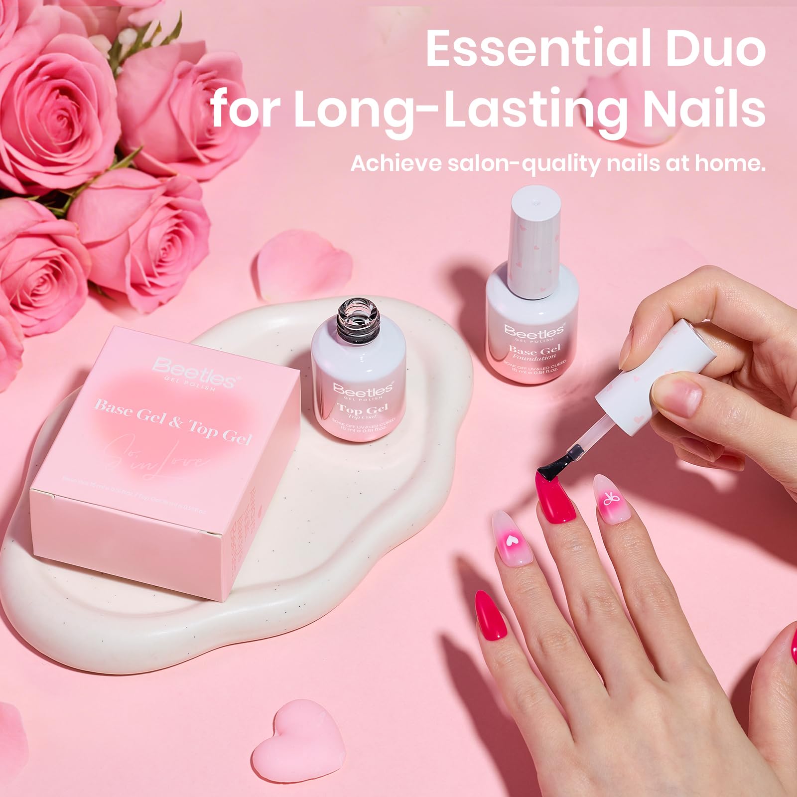 Beetles Valentines Limited Base & Top Coat Set - 2Pcs 15ml No Wipe for Valentine Nails