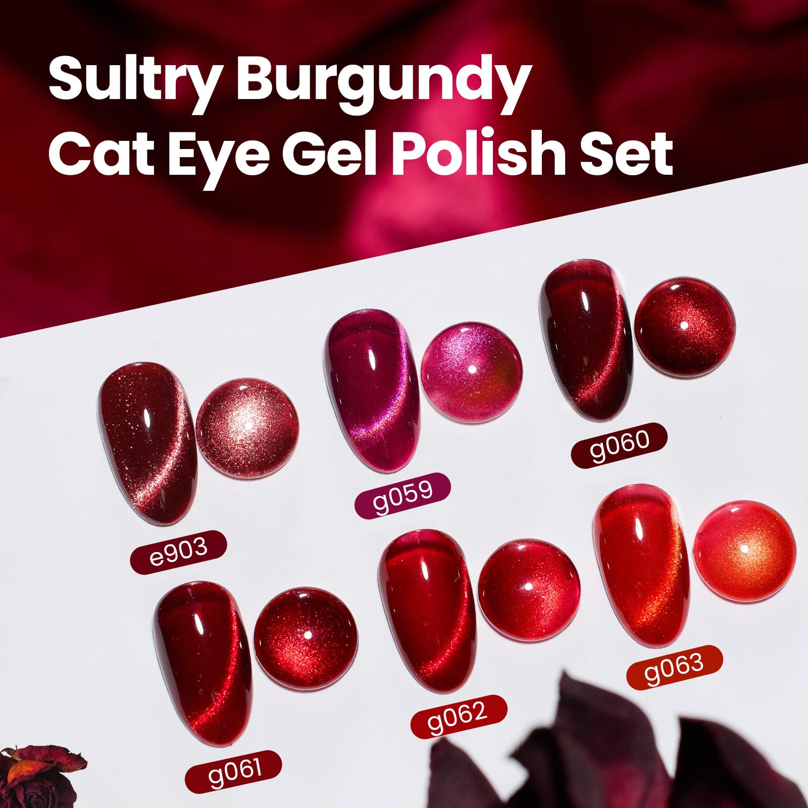 Sultry Burgundy - 6 Colors Burgundy Glitter Cat Eye Magnetic Fall Gel Polish Kit