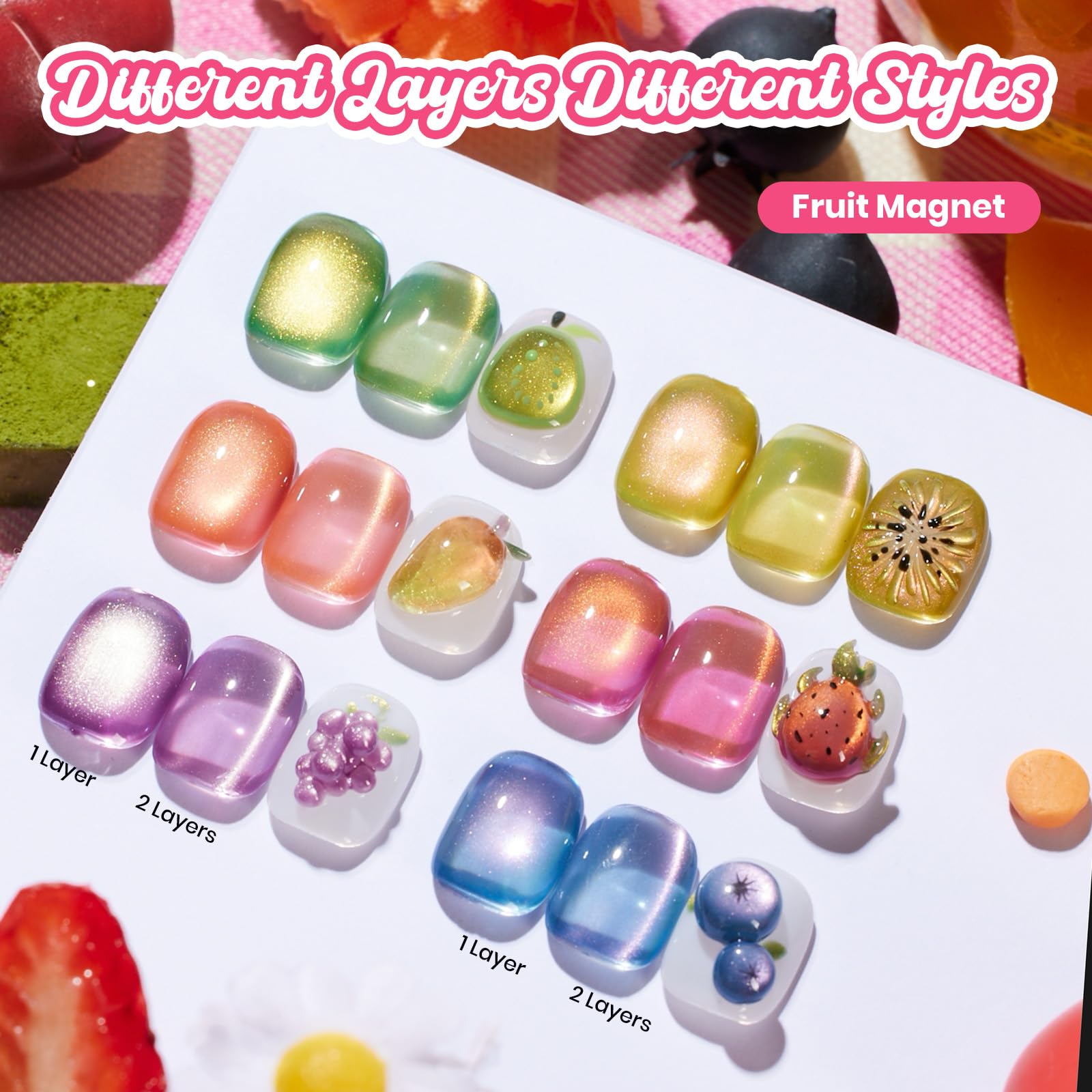 Beetles Fruit Magnet Cat Eye Gel Nail Polish Set - Spring Nails 6 Colors Spring Gel Polish Kit Glitter Cat Eye