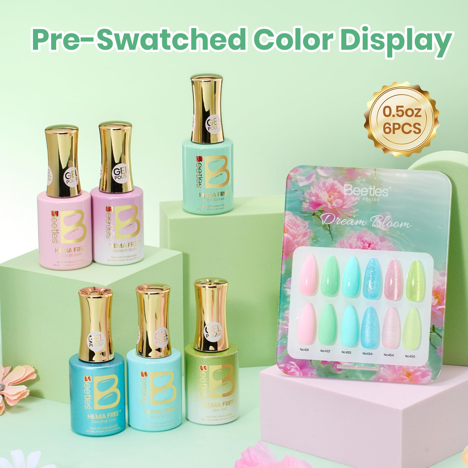 Beetles Hema Free Gel Polish Set, 15 ML 6 Colors Pastel Cat Eye Pink Green Blue Glitter Gel Nail Polish Kit Soak Off UV Nail Art DIY at Home Salon Spring Summer Easter Gift for Women