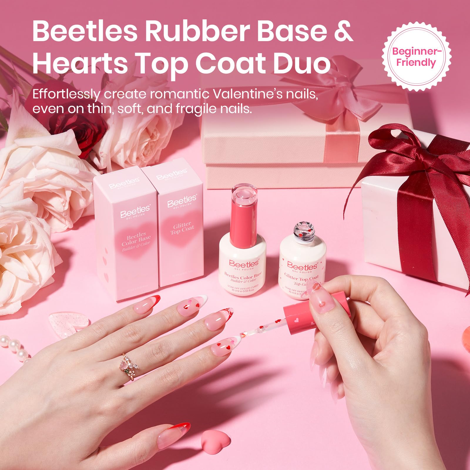 Valentine Nails Essential: Beetles Heart Glitter Gel Top Coat & Pink Rubber Base Builder Nail Gel Set