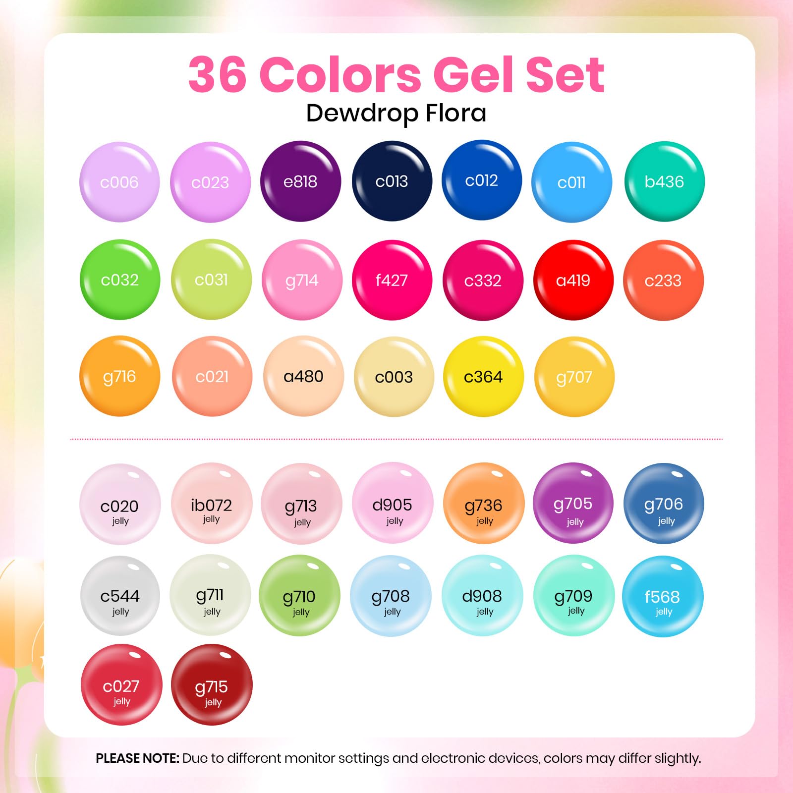 Beetles Gel Nail Polish Set - 36 Colors Dewdrop Flora Gel Nail Kit Jelly Pink Milky White Yellow Purple Green Natural Classic Color Set