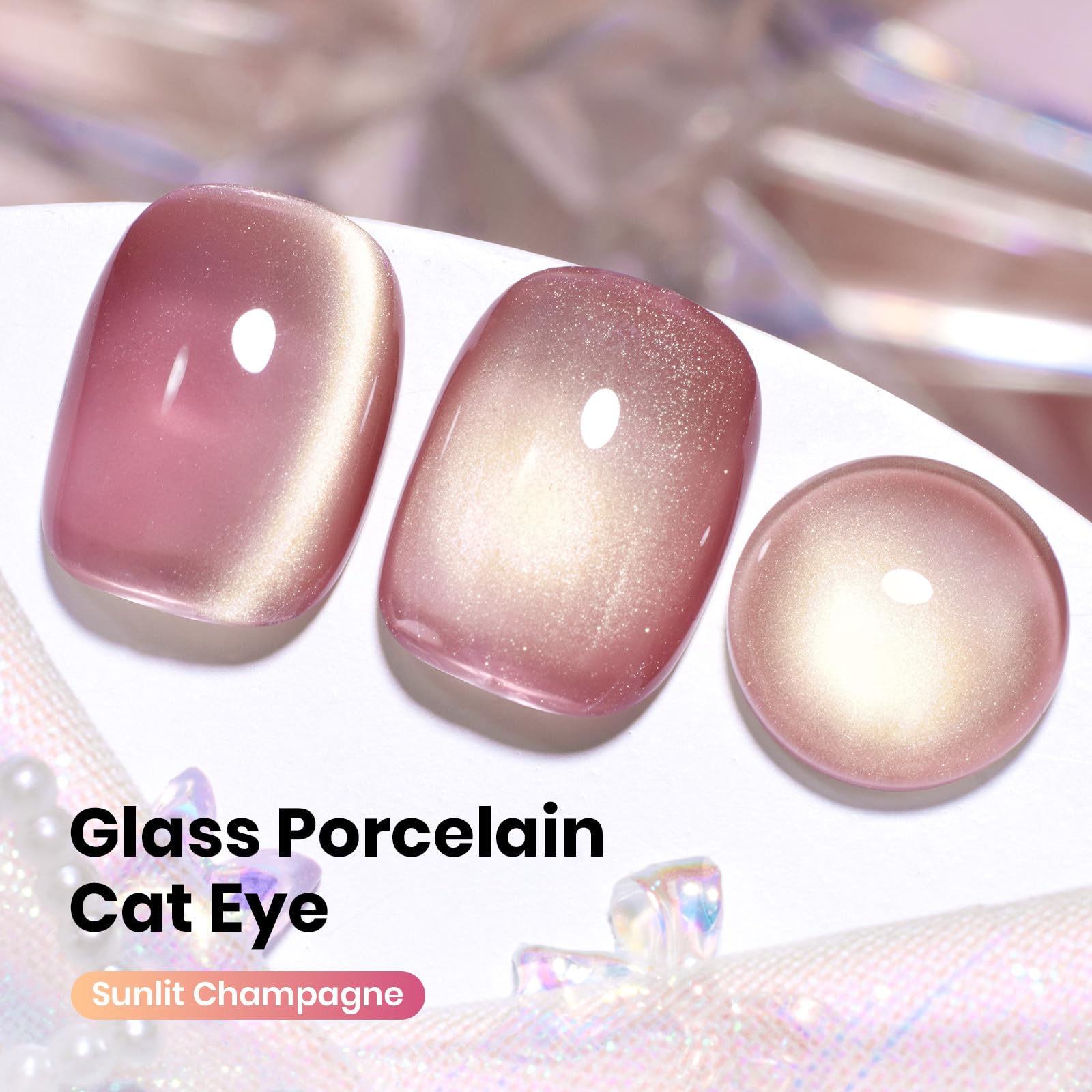 Sunlit Champagne  - 15ML Peach Pink Glass Cat Eye with Gold Powder Magnetic Glitter Gel Polish