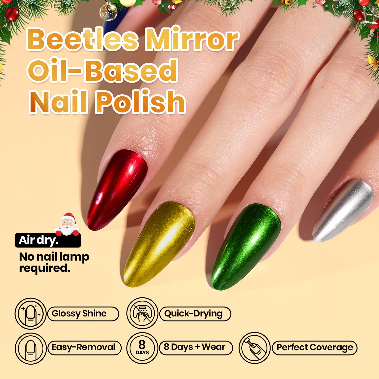 Beetles Chrome Metallic Nail Polish Set - Jingle Jewels 6 Colors Quick-Drying Glossy Mirror Nail Polish
