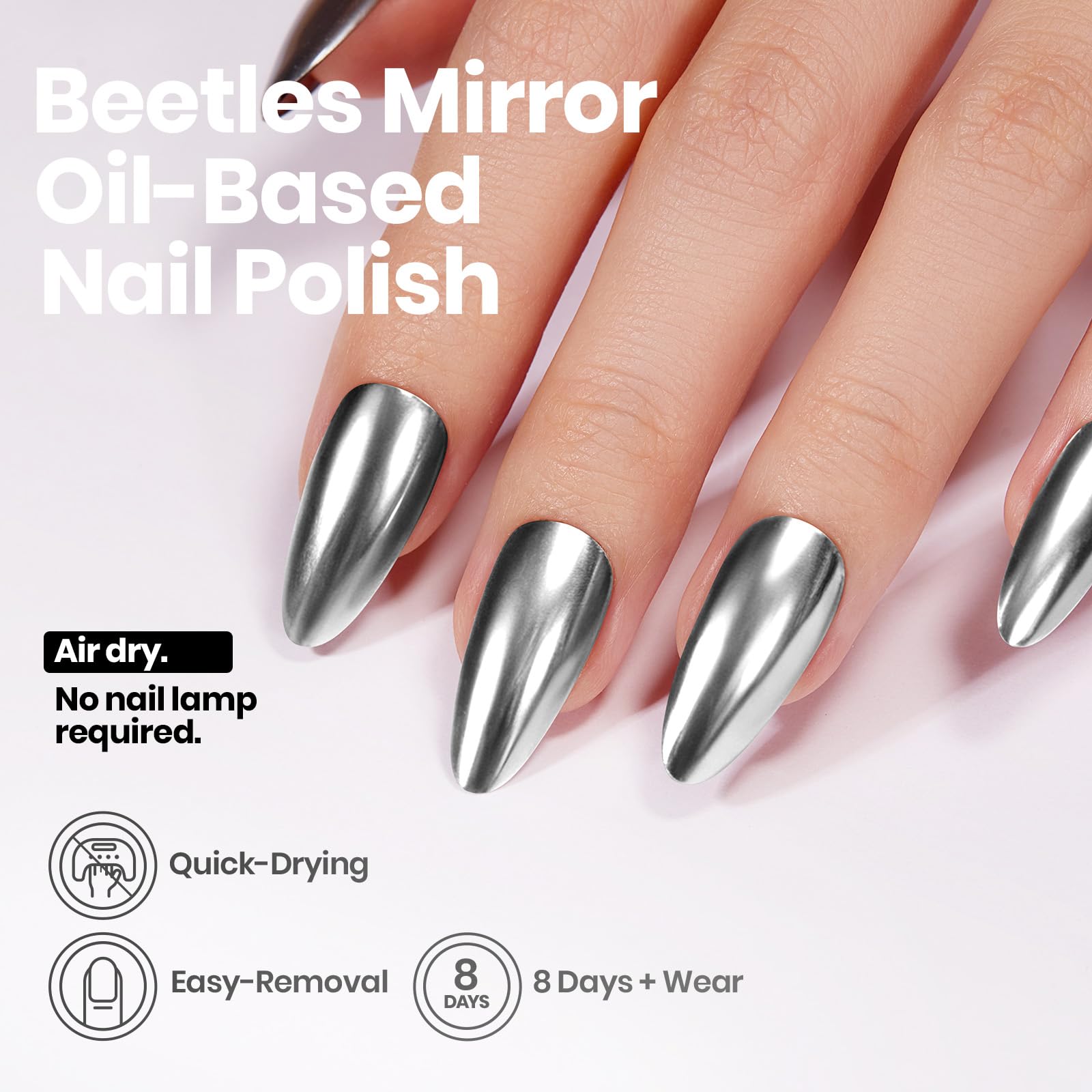 Beetles Silver Mirror Nail Polish - Chrome Glint 15ml Quick Dry Metallic Nail Polish Chrome Mirror Effect High Glossy