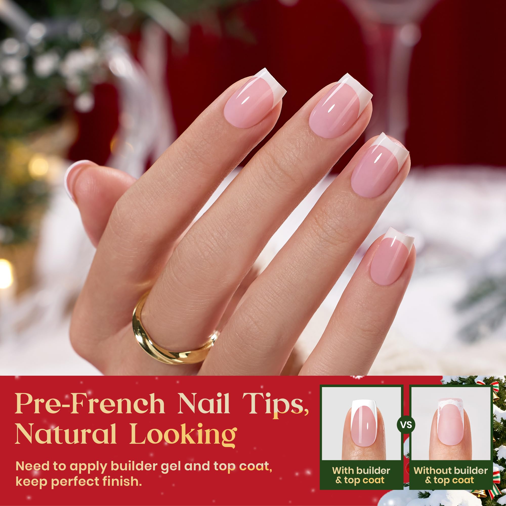 Beetles Pre-French Tips Gel Nail Tips - Pink Short Square Press 15 Sizes 150 Pcs