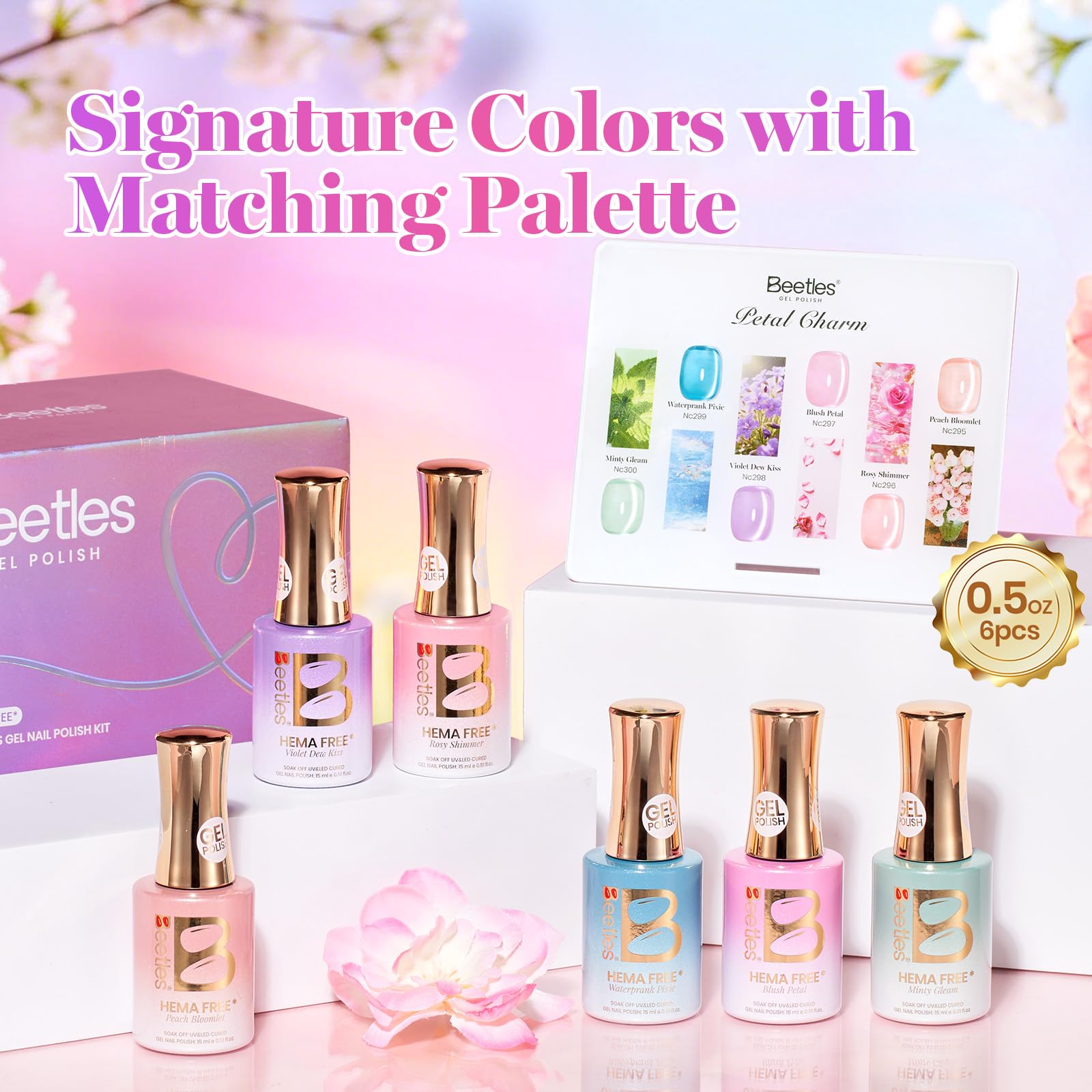 Beetles Petal Charm Cat Eye Gel Nail Polish Set - 6 Colors 15ML Spring Gel Polish Kit Glitter Pink Purple Blue Orange Red Green Magnetic Effect
