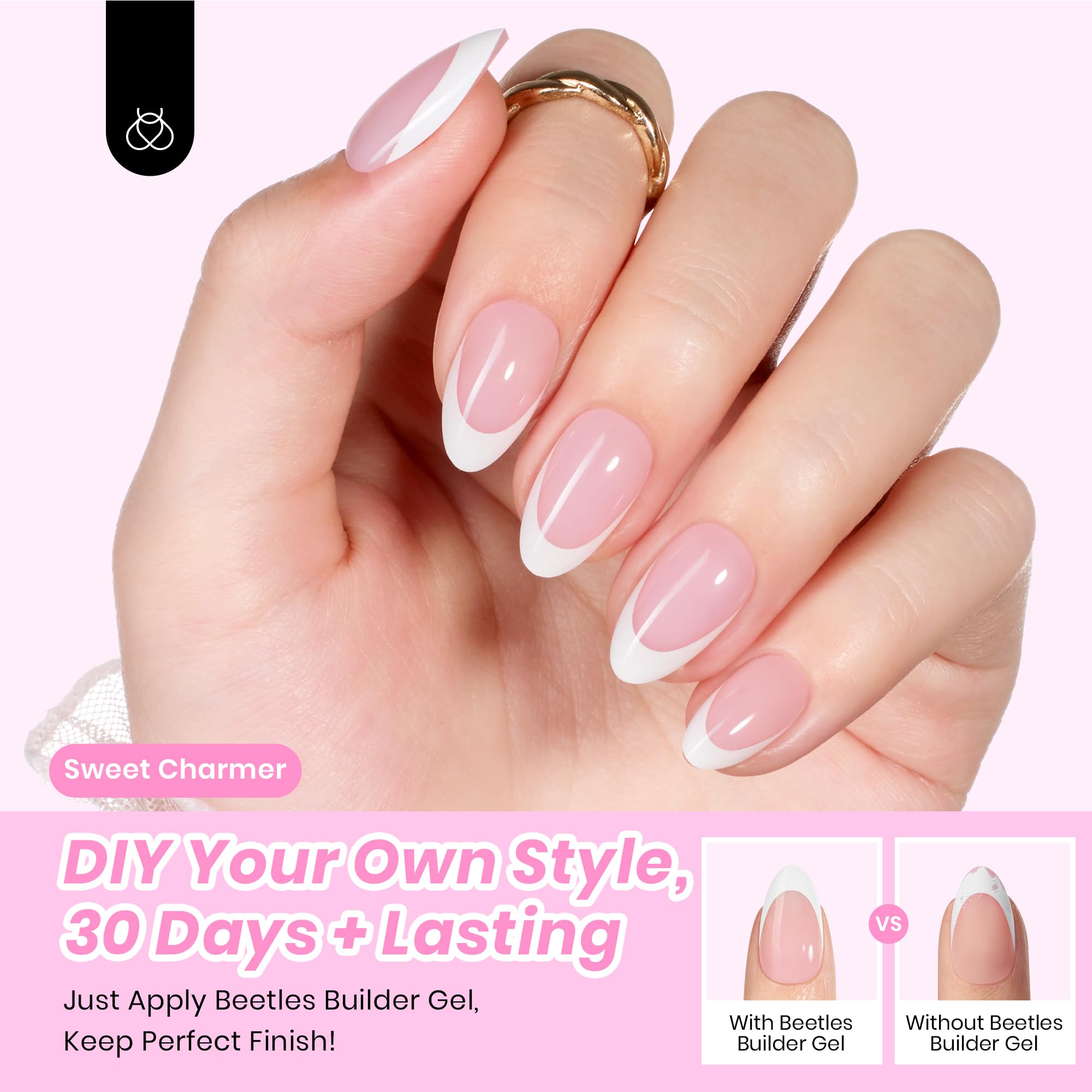 Beetles  Gel Nail Kit, French Tip Press On Nails Short Almond Kit with 224Pcs Nail Tips