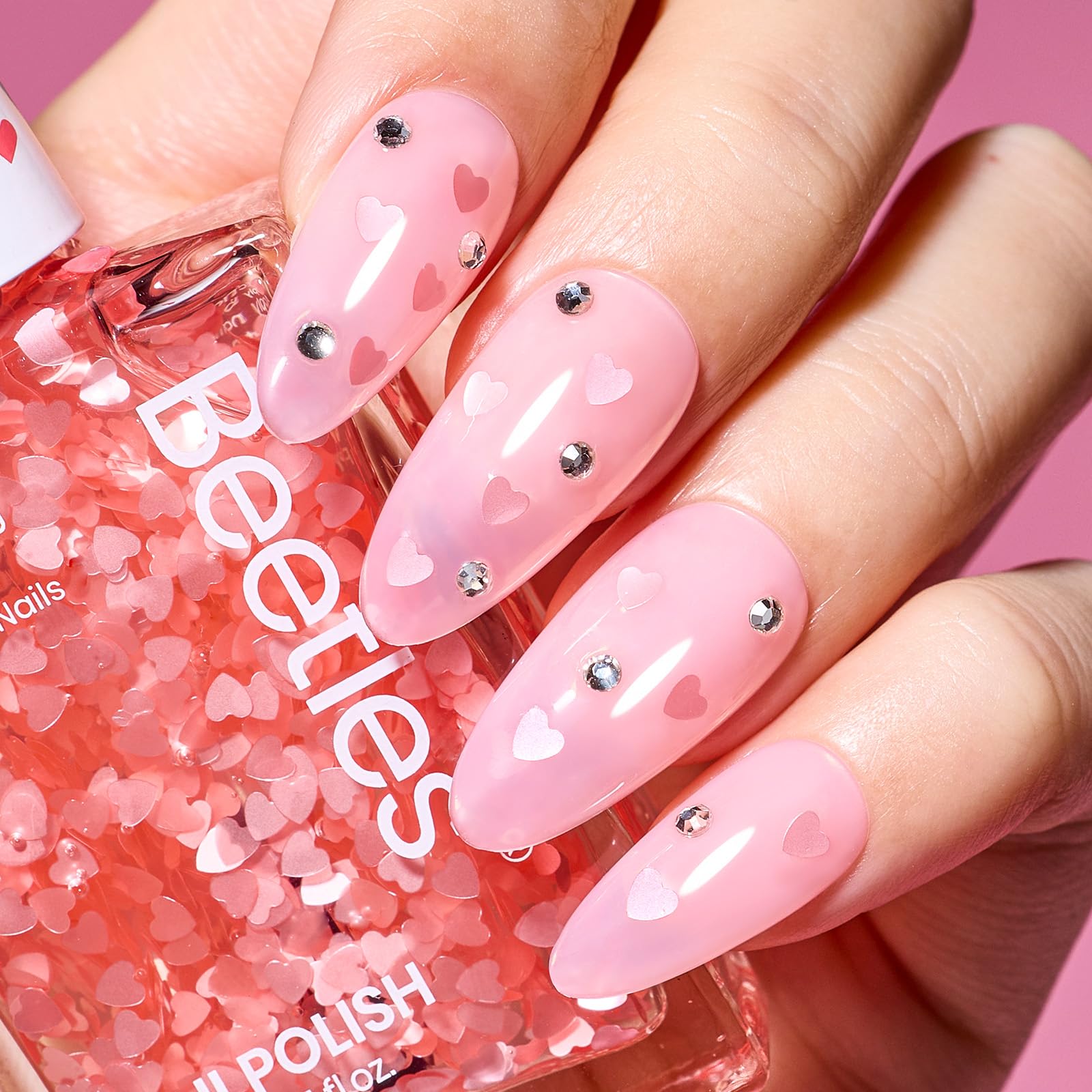 Beetles Valentines Nails Polish - 15ml/0.51Fl Oz Pink Heart Sweetheart Glow Glitter Top Coat