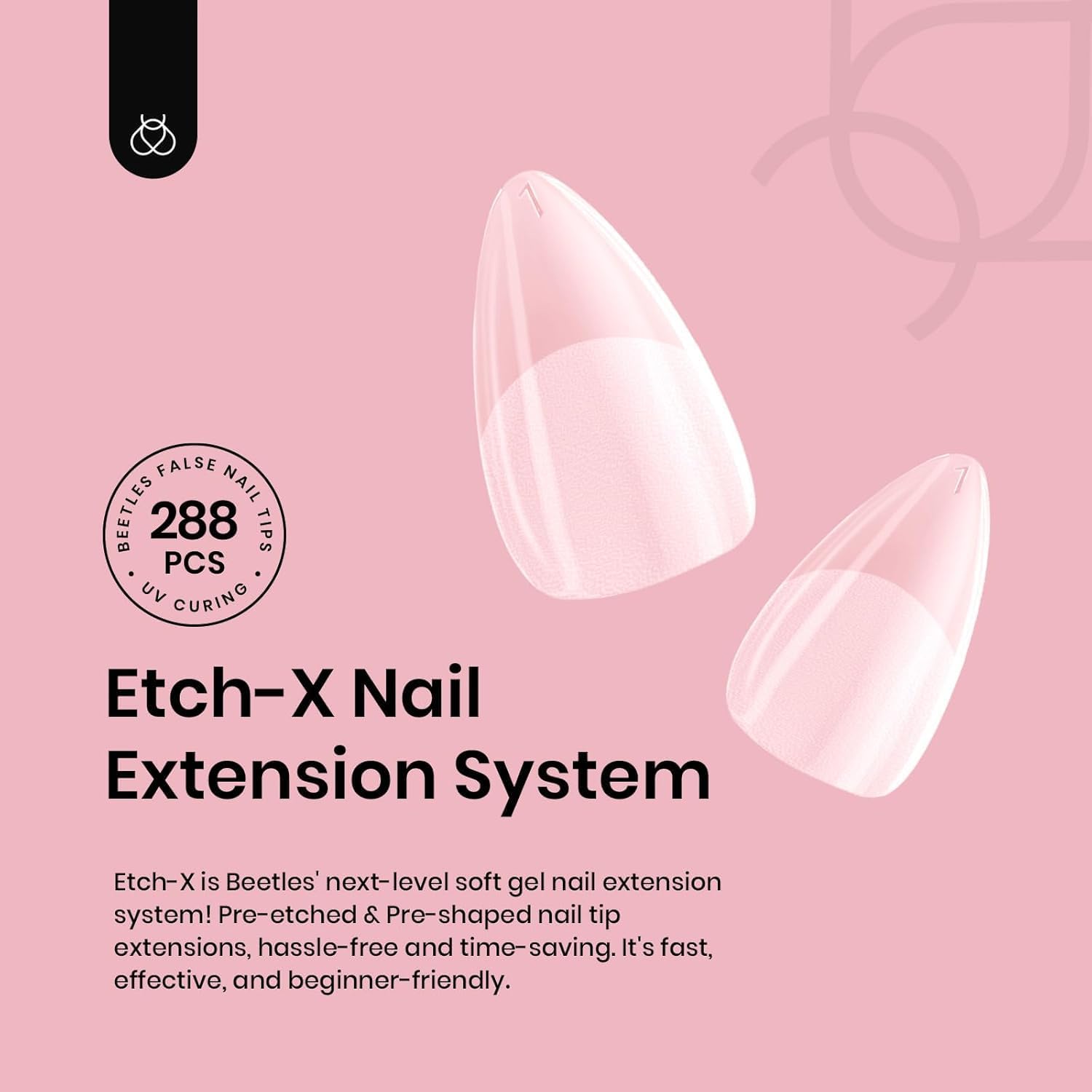 Beetles Extra Short Almond Nail Tips - 12 Sizes 288 PCS Pre-Shaped Clear Full Cover Etch Gel Nail Tips