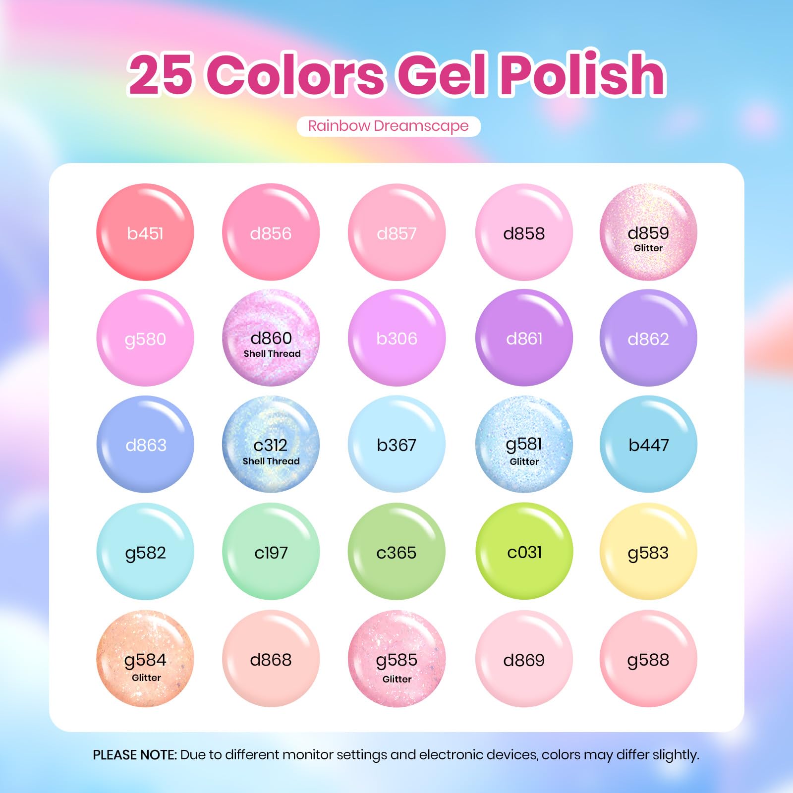 Beetles Pastel Gel Polish Set - Rainbow Dreamscape 25 Colors Spring Gel Polish Kit with Base Coat&Top Coat