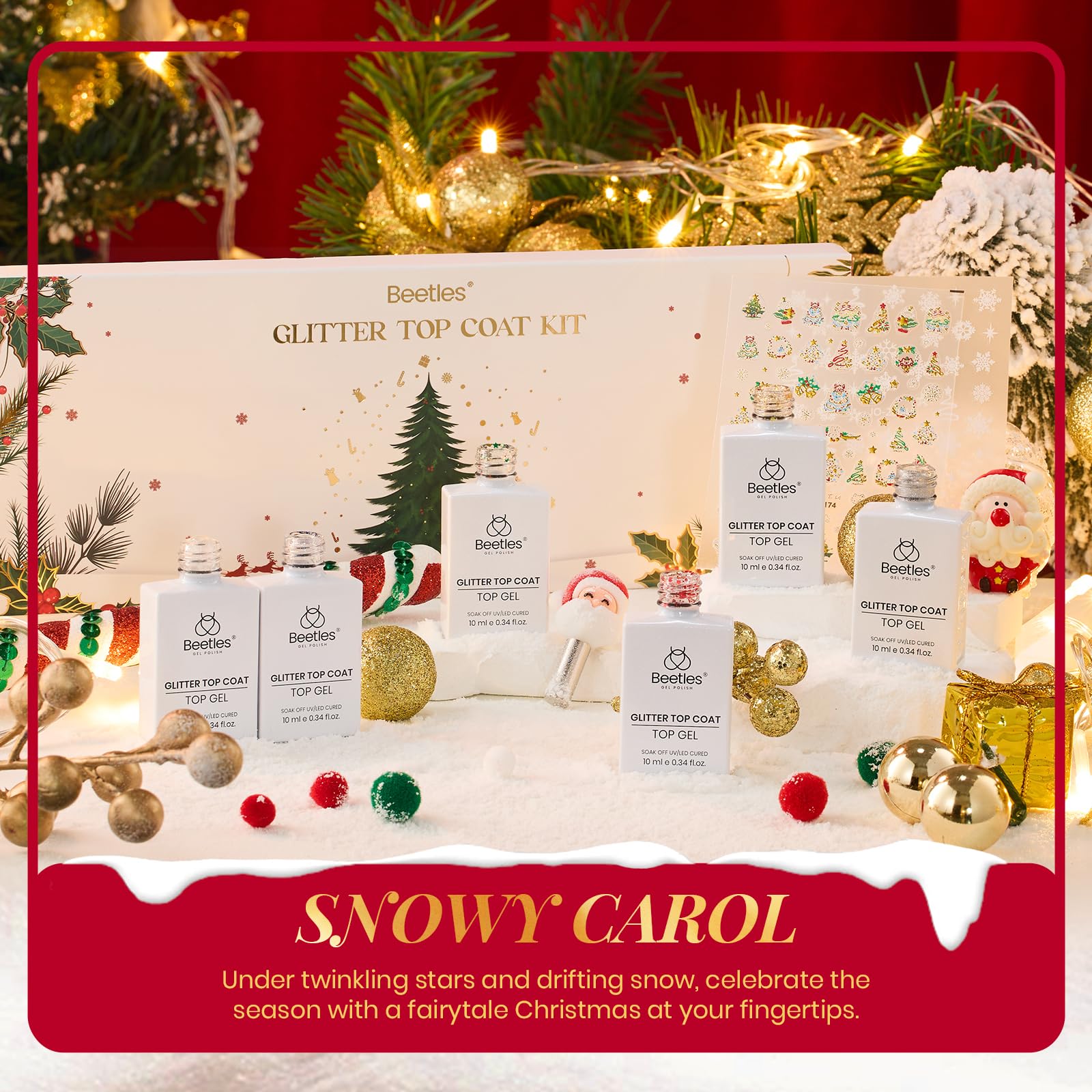 Beetles Christmas Limited Gel Top Coat Set - 6Pcs 10ml Winter Sparkle Glitter Cat Eye Top Coat Gel Nail Polish