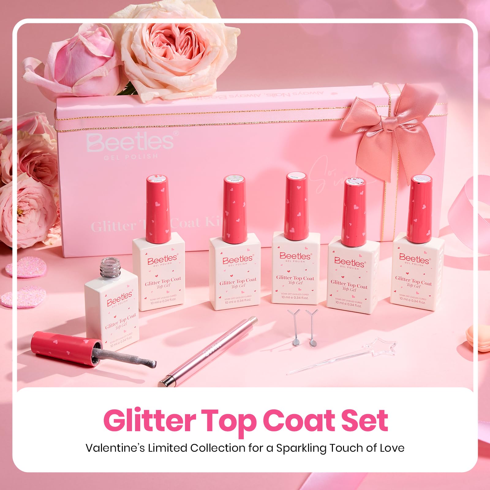 Beetles Valentine Nails Gel Top Coat Set - 6Pcs 10ml Heart Sparkle Cat Eye (Valentine's Limited)