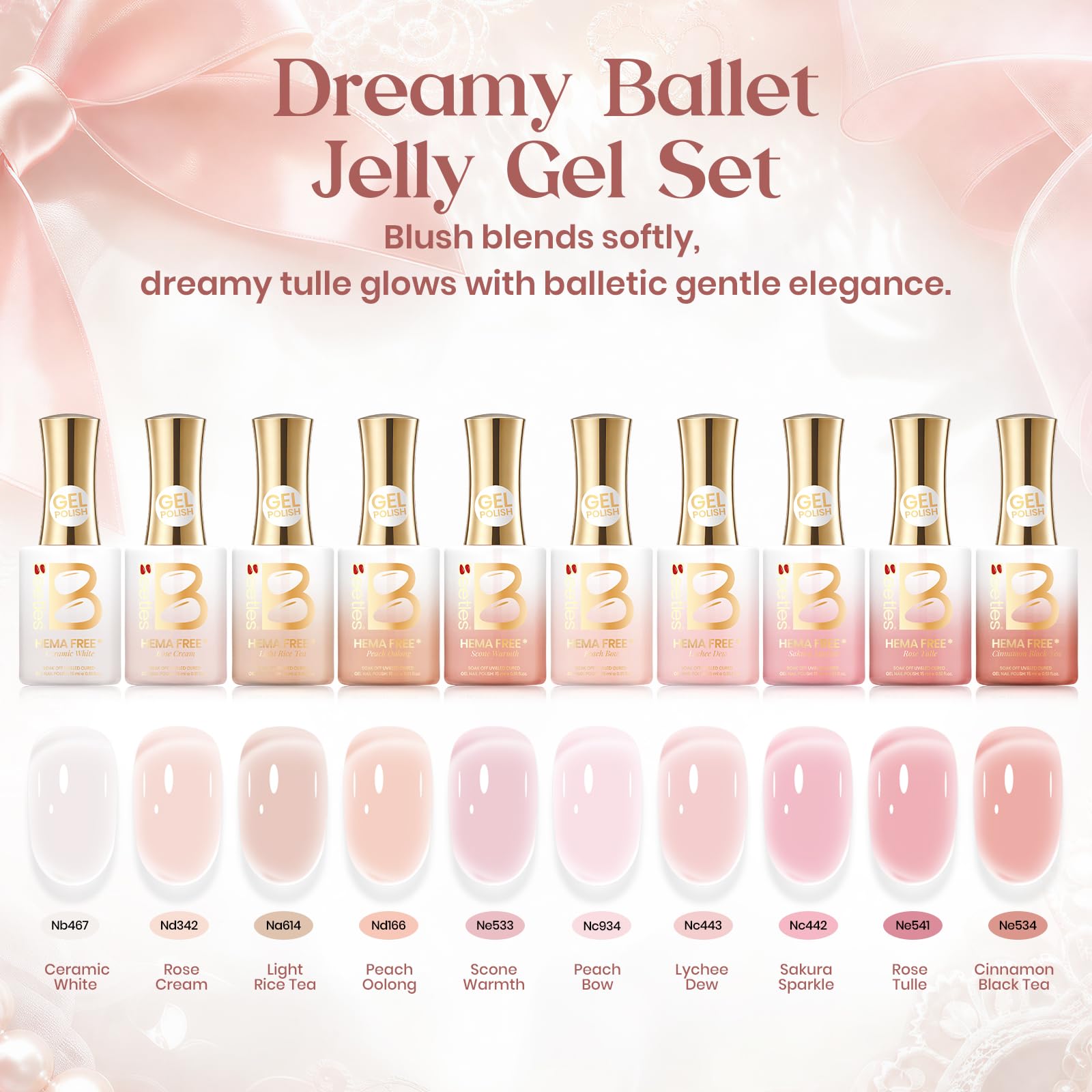 Beetles Dreamy Ballet Nude Summer Nail Gel Polish Set- HEMA FREE 10 Colors 15ML Jelly Pink Nail