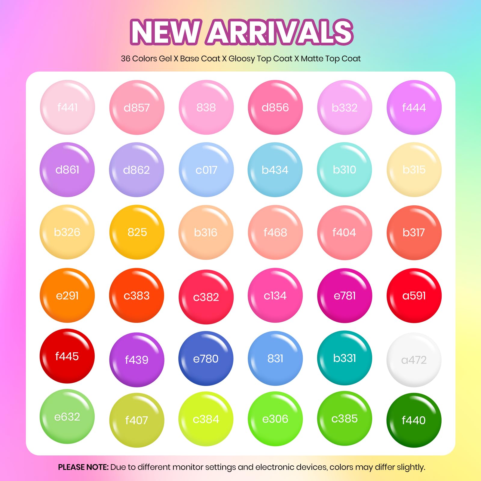 Vivid Whimsy | 36 Nail Pastel Glitter Neon Rainbow Bright Gel Polish Colors