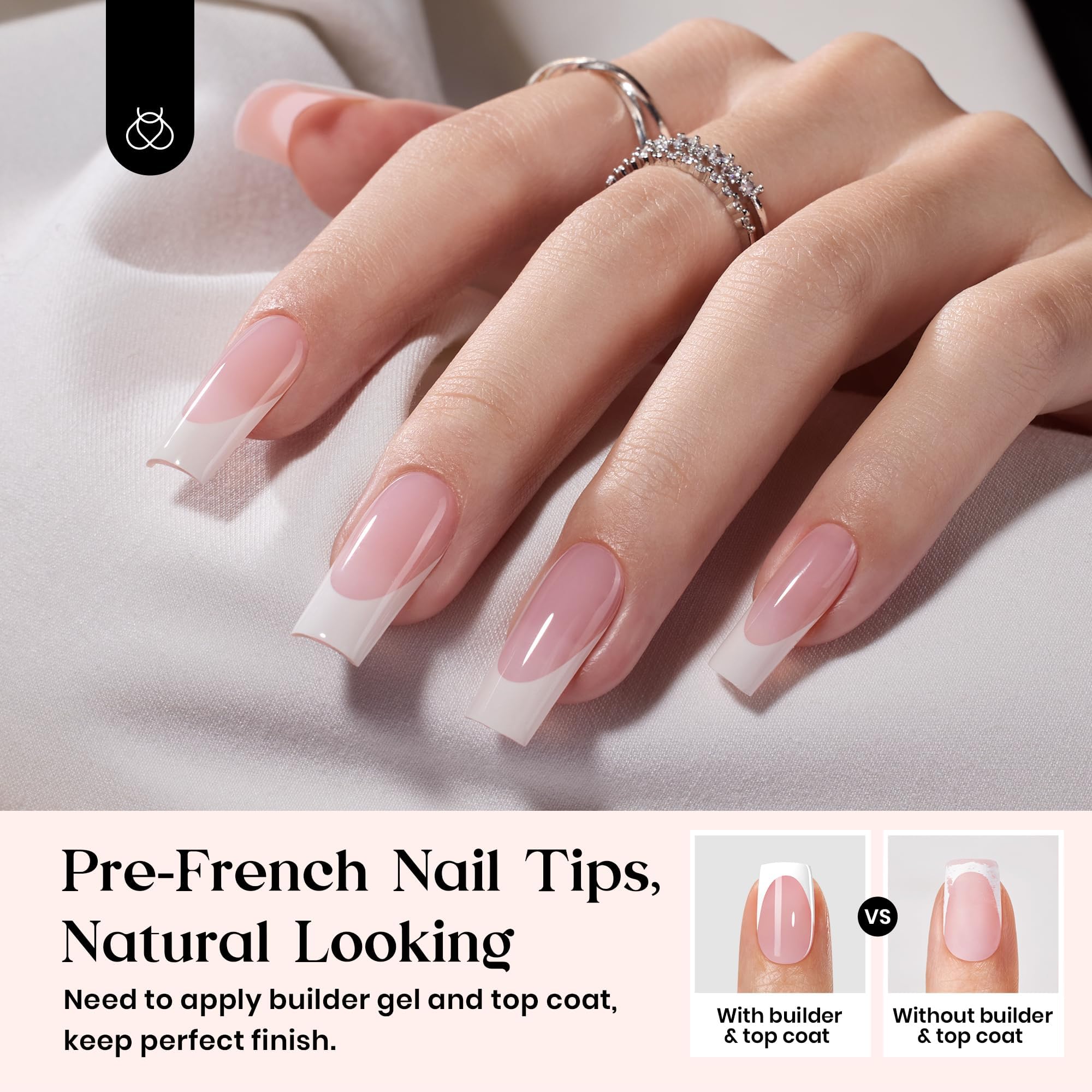 Beetles French Tip Press on Nails Long Square Salon Quality - White French Pink Gel Nail Tips 15 Sizes
