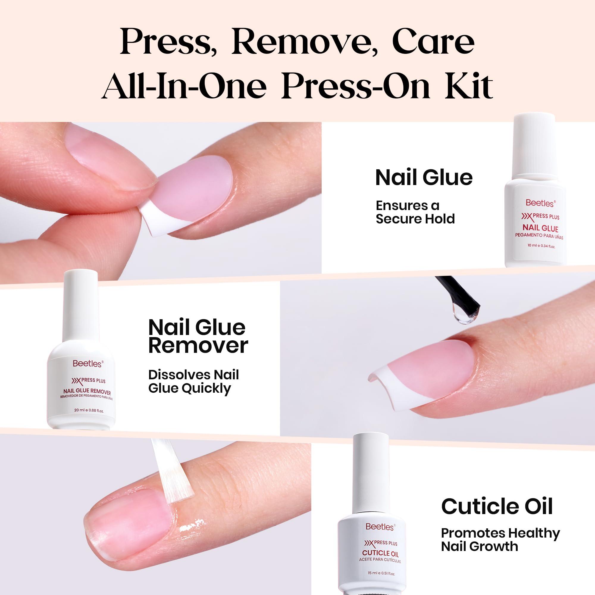 Beetles Press On Nails Kit - Nails Cappuccino Mousse French  224Pcs 16 Sizes 7 Colors Medium Almond French Tip Press On Nails