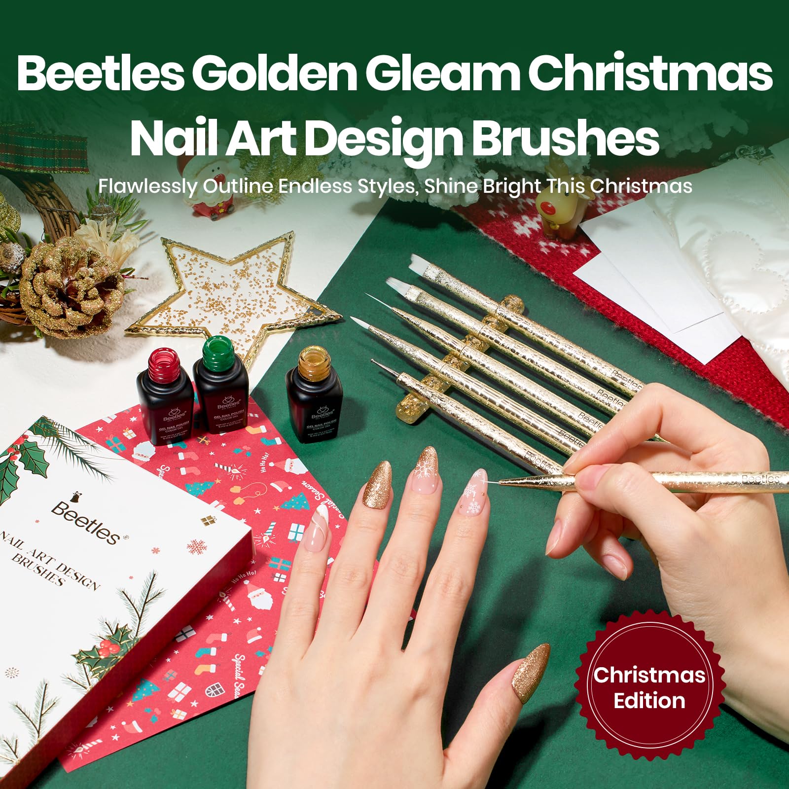 Beetles Christmas Nail Art Brushes 6pcs – Golden Gleam Nail Art Tools Liner Brushes for Nails