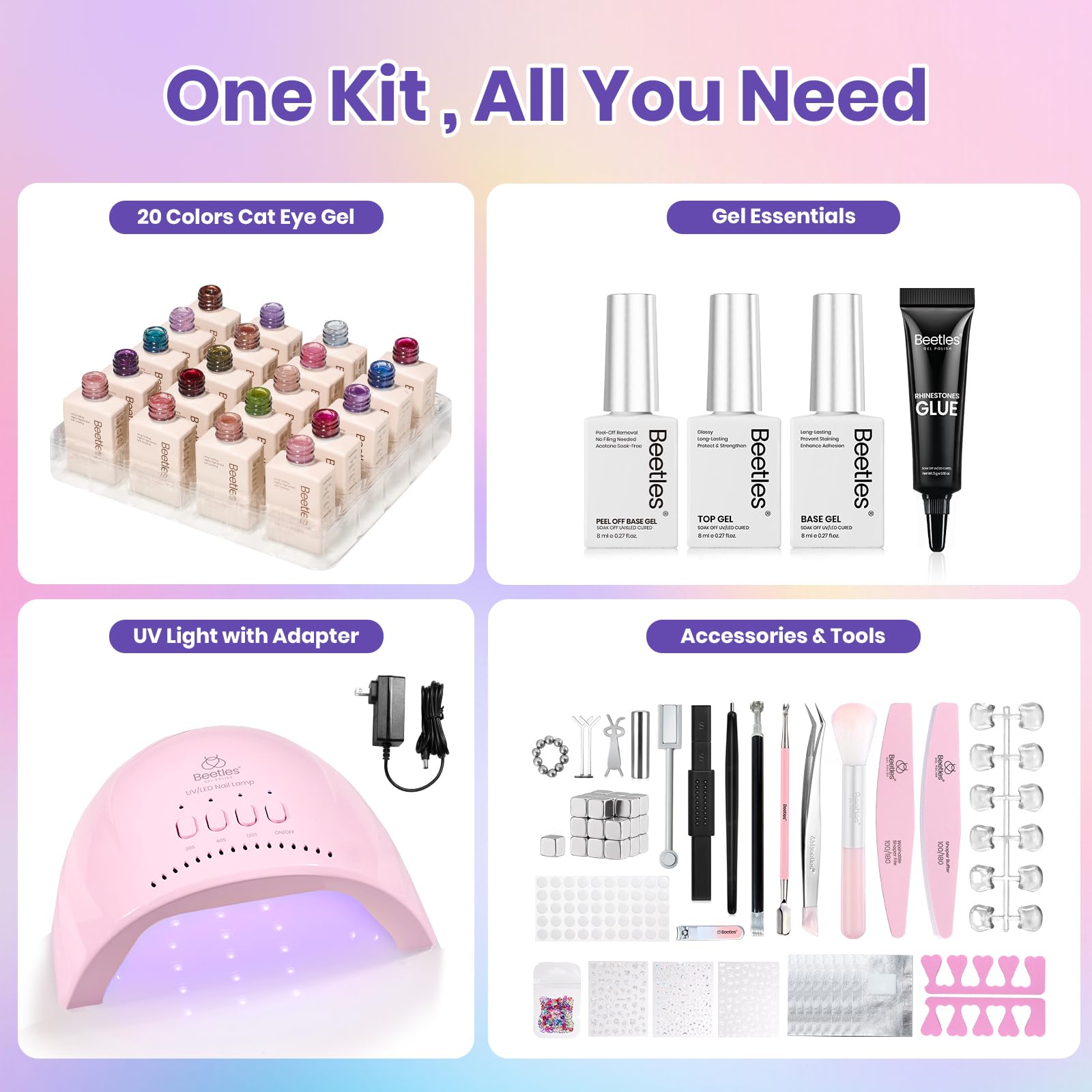 Beetles Gel Nail Starter Kit Illusion Glow Cat Eye Summer Nails 96Pcs 20 Colors With UV Light All-in-One Mani Kit