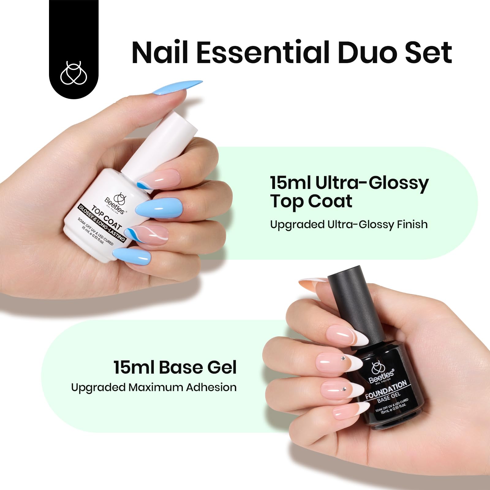 Beetles 2Pcs 15ml Gel Base and Top Coat Set - Upgrade No Wipe Extra Glossy Top Coat Finish for Gel Nail Polish