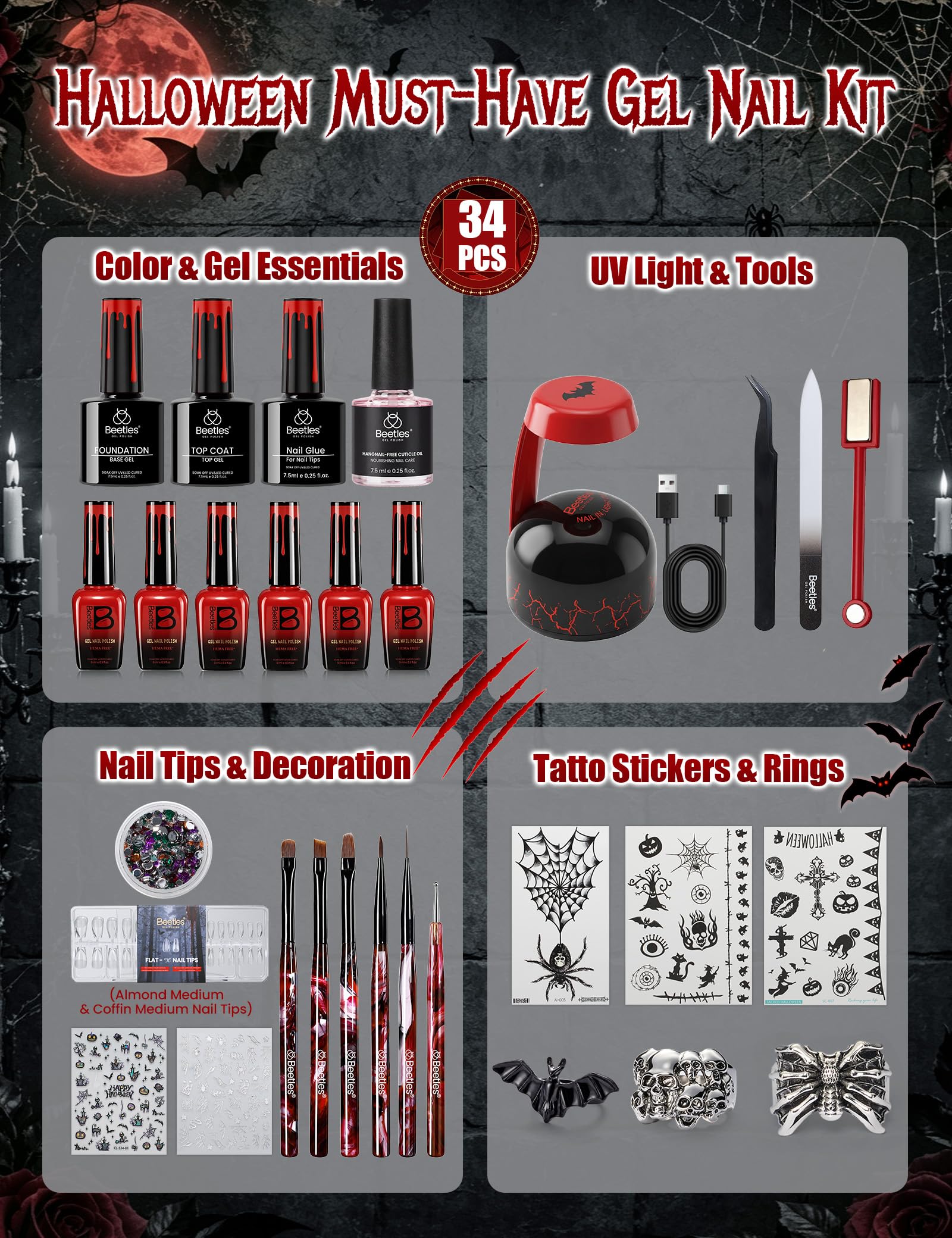 Bloody Glam- Beetles Halloween Box Vampiric Feast 6 Colors 34PCS Gel Nail Polish Kit 2026 Limited Edition Gift Box