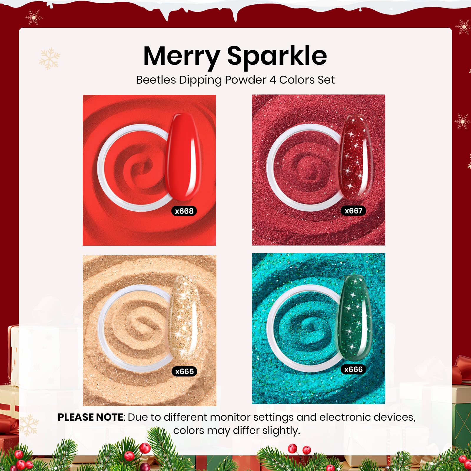 Beetles Christmas Dip Powder Nail Kit - Winter Colors Red Green Glitter Golden Dipping Powder with Liquid Set