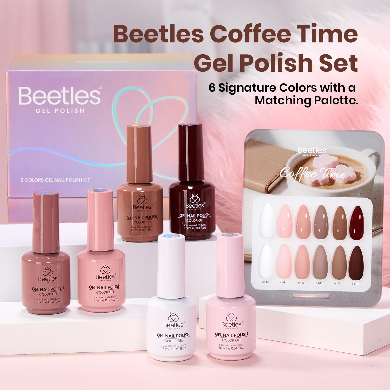 Beetles Gel Nail Polish Set Coffee Time - 6 Colors Neutral White Pink Nude Brown Gel Polish