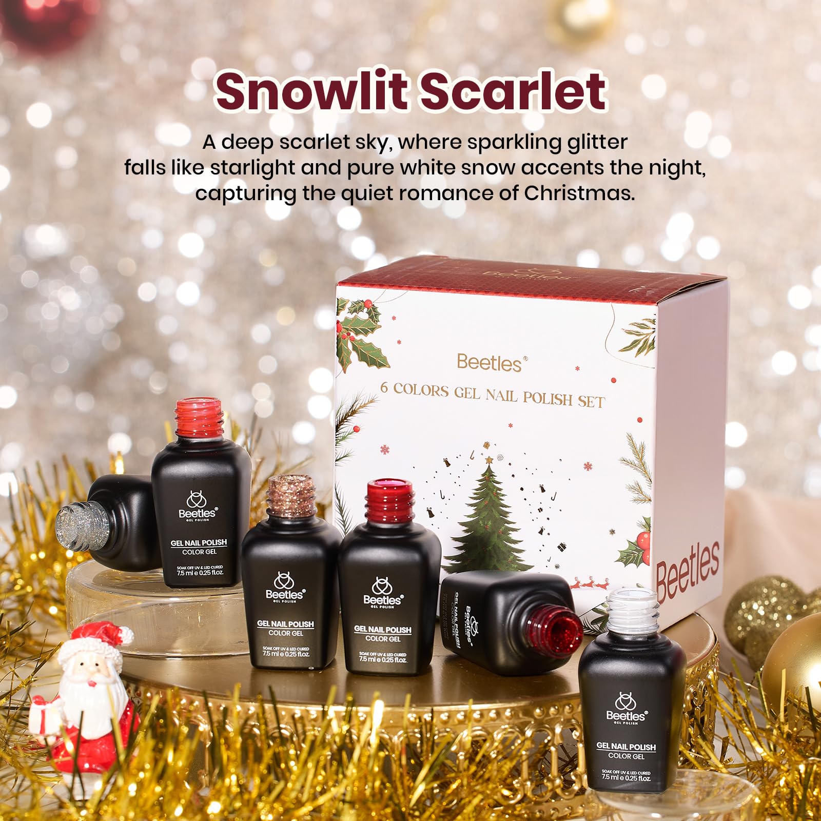 Beetles Christmas Gel Nail Polish Set Candy Cane - 6 Color Burgundy Red Glitter White Silver Winter Snow Holiday Sparkle Manicure Kit