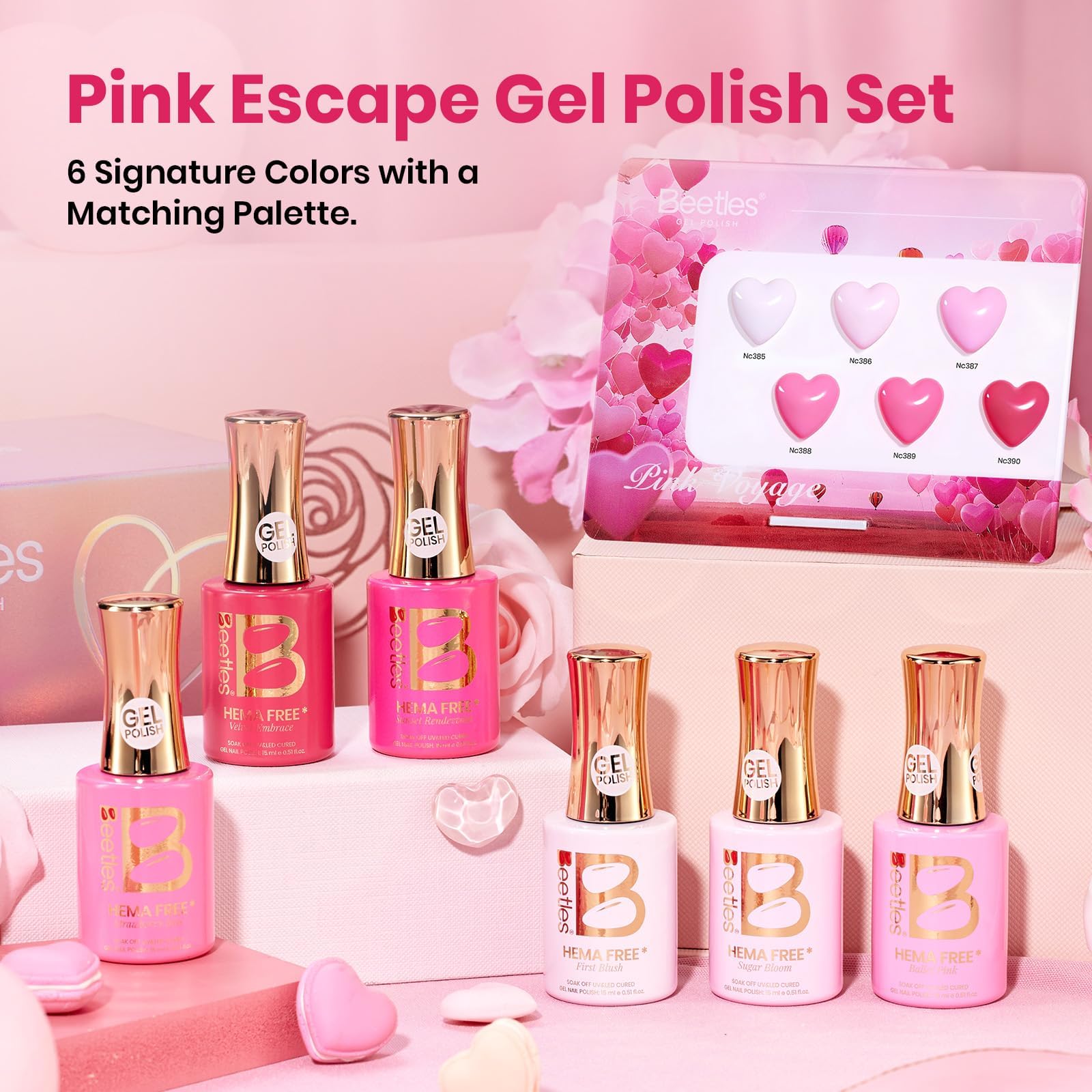 Beetles Pink Gel Polish Set - Spring Nails Pinks Escape 15ML, 6 Colors Hema Free Pink Gel Nail Polish Set