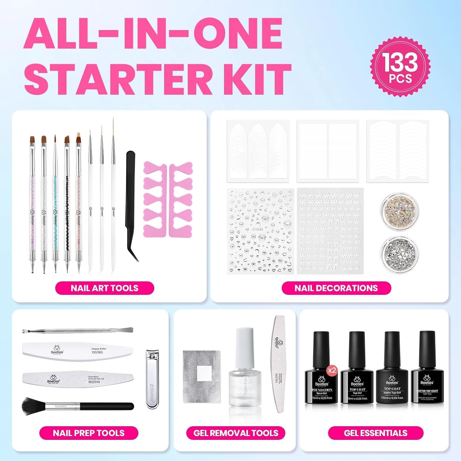 Beetles Gel Nail Starter Kit With UV Light 100 Colors 133 Pcs Summer Nails All-in-One Mani Set