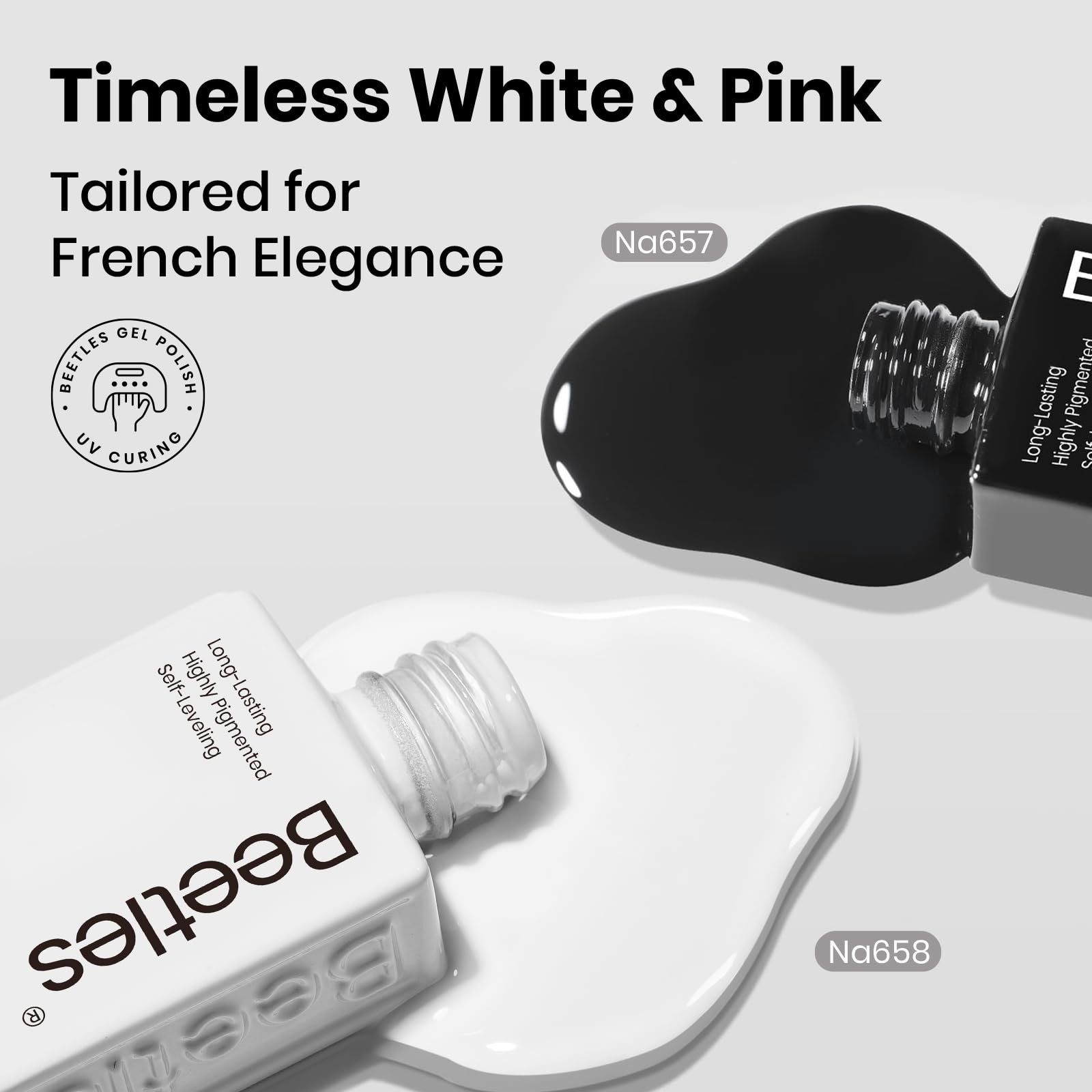 Beetles Black White Gel Polish Kit - Twin Dialogue Collection, 4pc 10ML French Nail Kit Hema-Free Black and White Colors with Base Top Coat