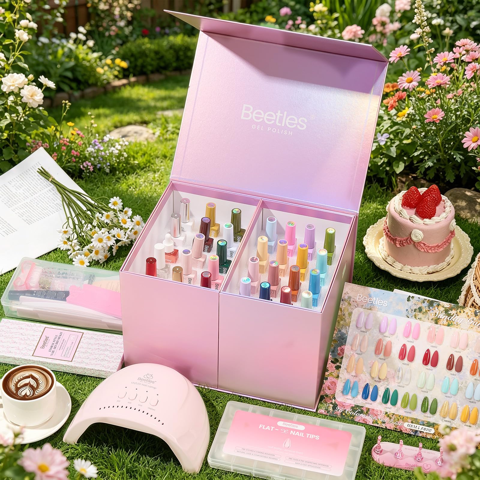Beetles Gel Nail Starter Kit Sunday Garden HEMA-FREE Summer Nails 64Pcs 25 Colors Pink Nude Blue Nail Art All-in-One Mani Kit