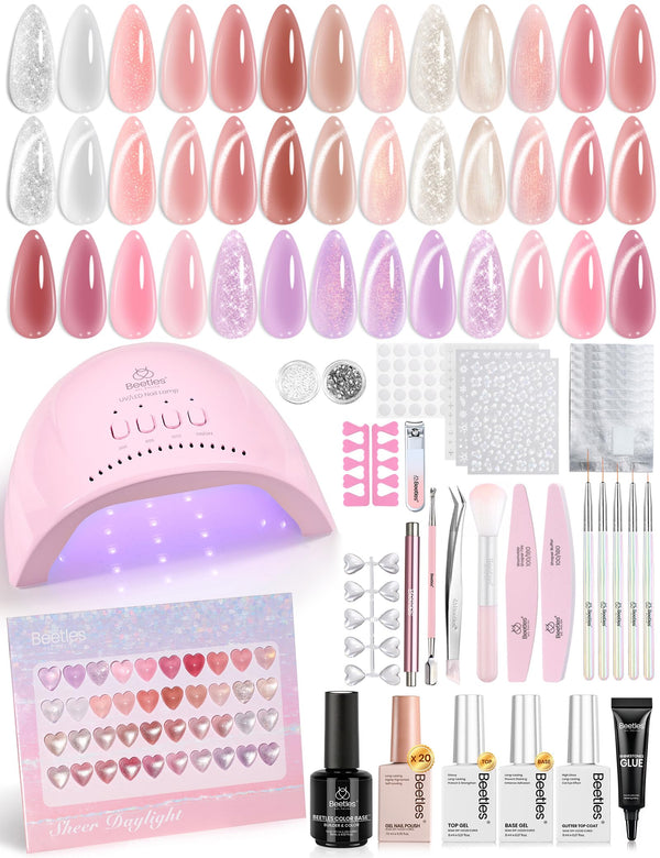 Beetles Gel Nail Starter Kit Sheer Daylight Cat Eye Nails 80Pcs 20 Colors Jelly Gel Nude Red Purple Glitter All-in-One Mani Kit