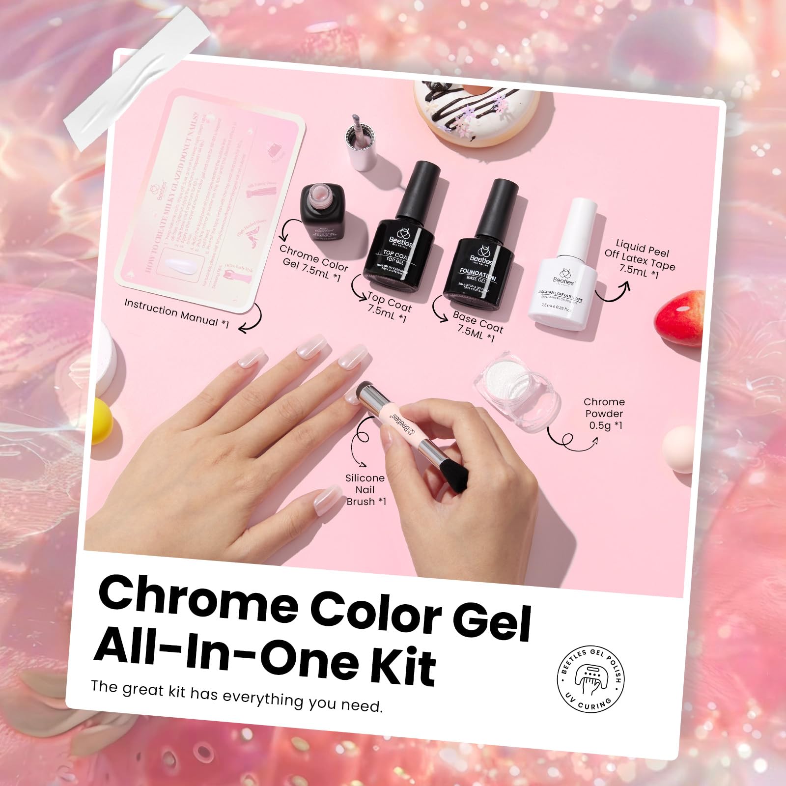 Nude Gel Polish|7.5ml Beetles White Chrome Nail Powder Gel Polish Glitter
