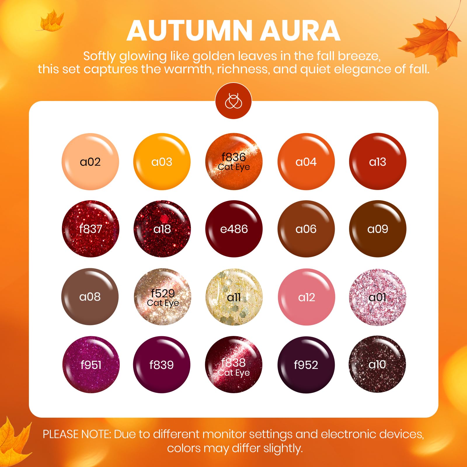 Autumn Aura- 20 Colors Yellow Orange Brown Red Purple Cat Eye Gel Nail Polish Set
