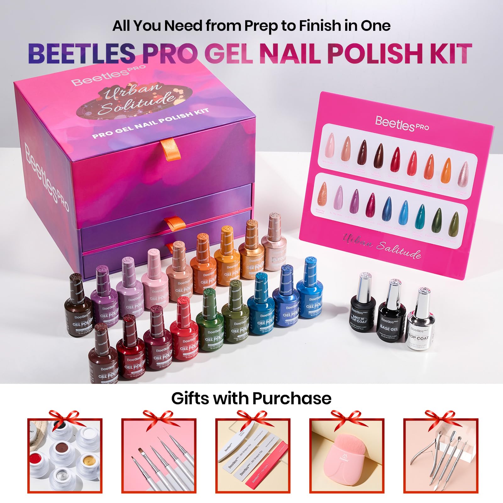 Beetles PRO Gel Polish Kit – Urban Solitude Collection 18 Colors 15ml Salon Polish Set with Base Coat