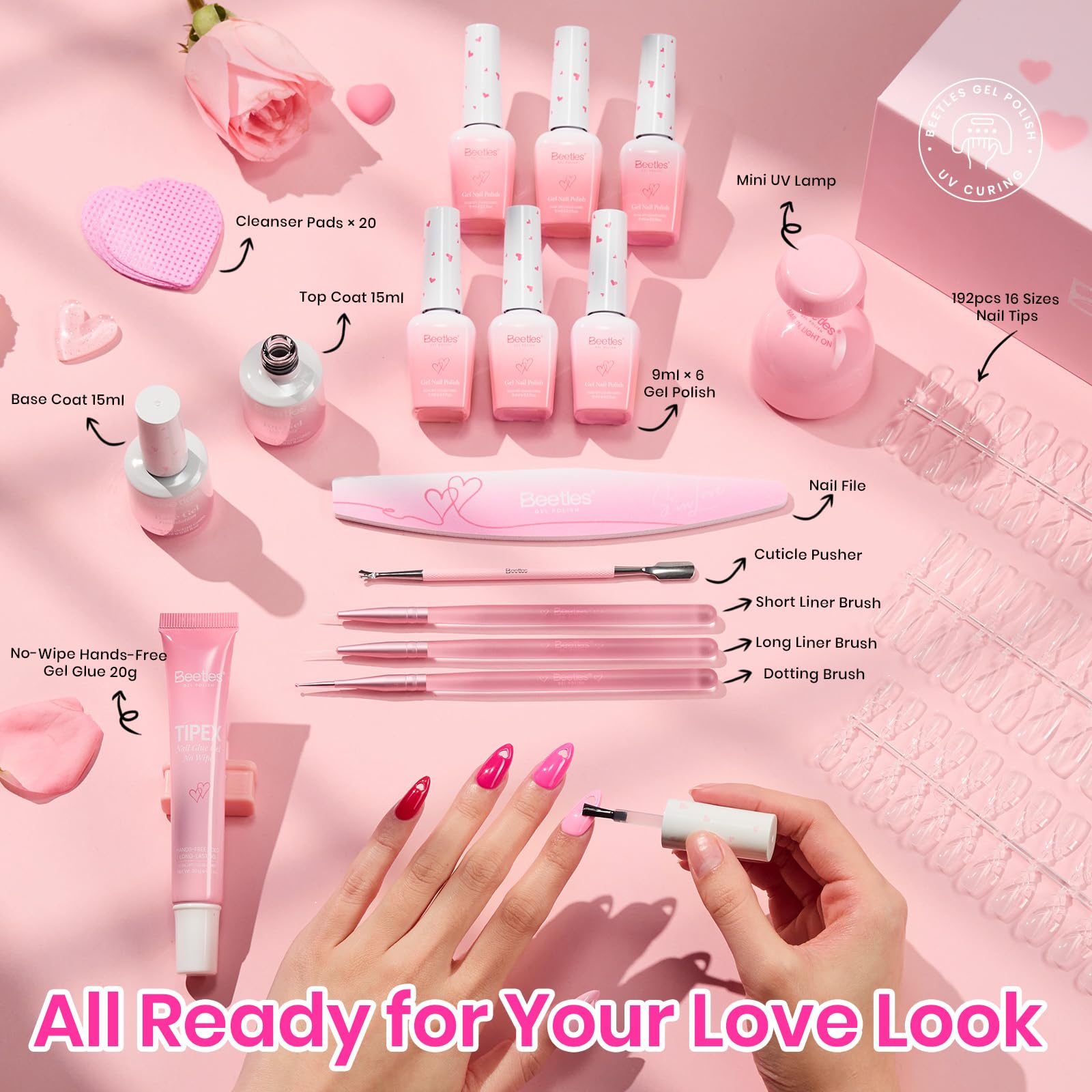 Beetles Tipex Lite Nails Kit - 192pcs Heart Cutout Pre-Built Apex