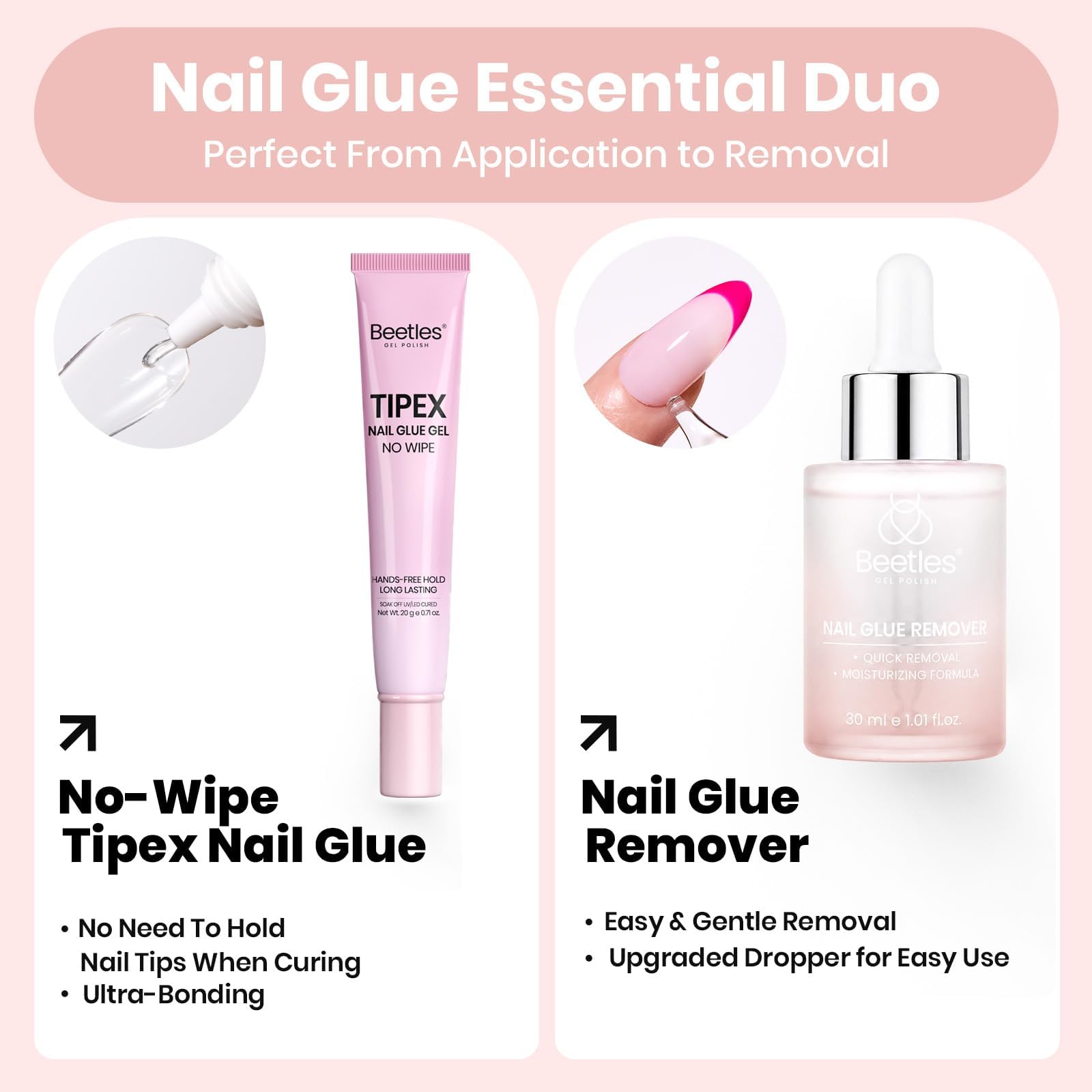 Beetles Nail Glue Essential Duo Dropper Design 20g No Wipe Hands-Free Nail Glue And 30ml Glass Dropper Nail Remover