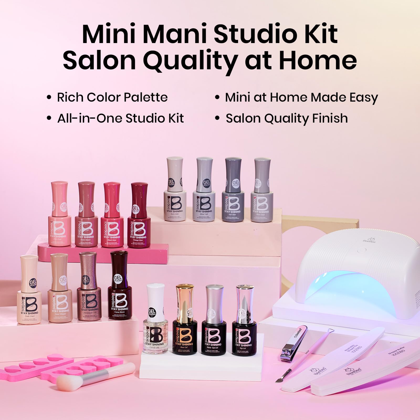 Beetles Stay Shining Gel Polish Mini Mani Studio Kit - 23 Pcs 12 Color Nail Manicure Studio Kit
