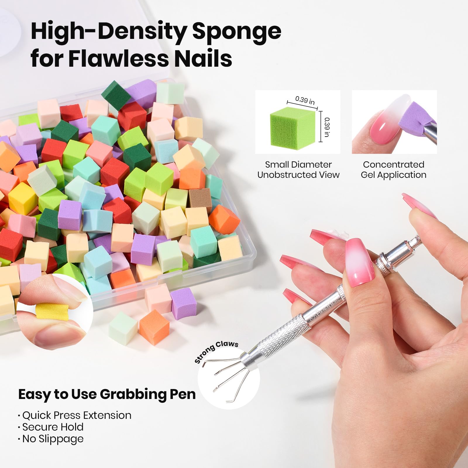 Beetles 150Pcs Soft Nail Sponges for Ombre Colorful Nail Sponge with Grabbing Pen - White Pat Painting Gel Polish Kit