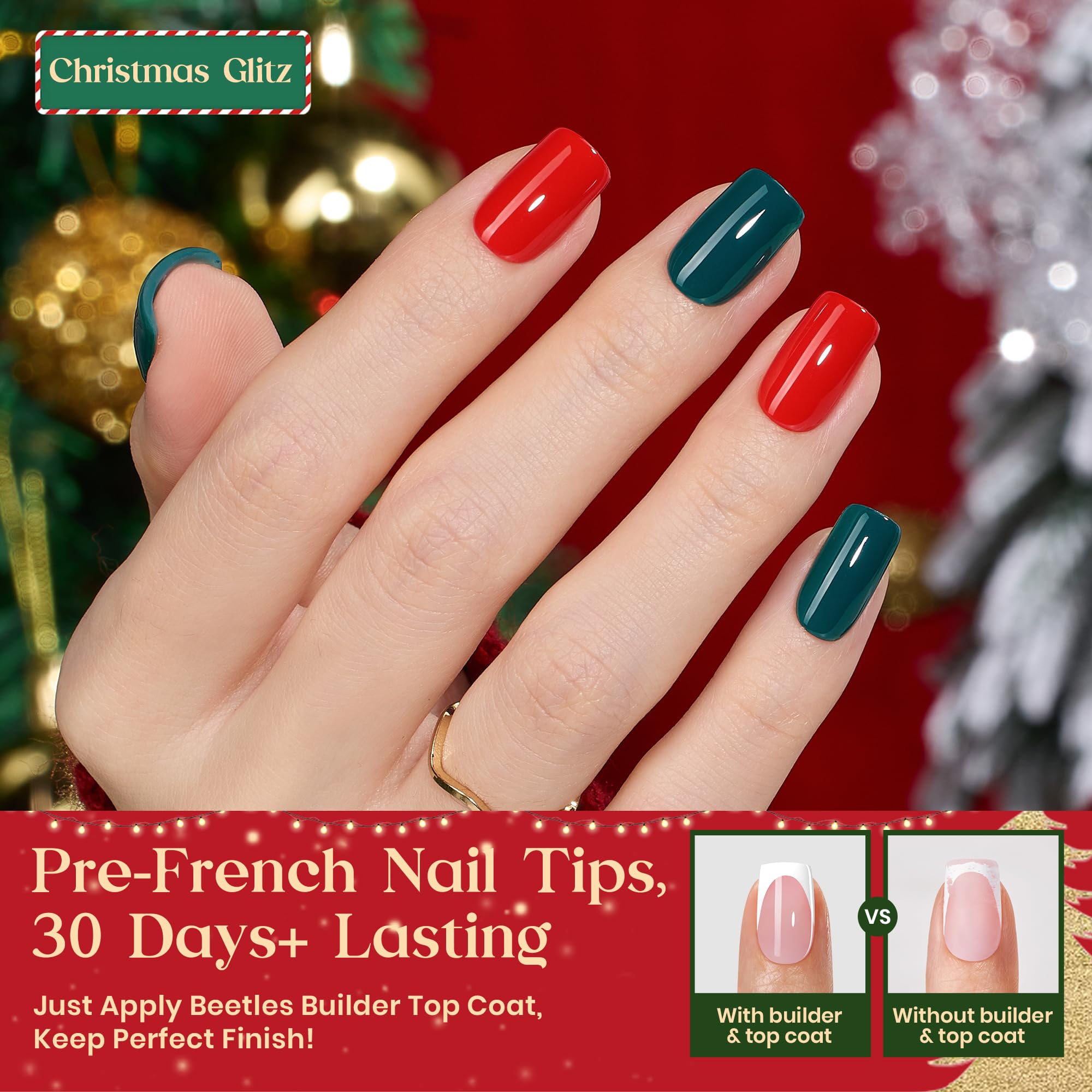 Beetles X Press Plus Gel Nails Kit Christmas Glitz - 7 Desgin Christmas Press On Nails Short Square 224Pcs 16 Sizes