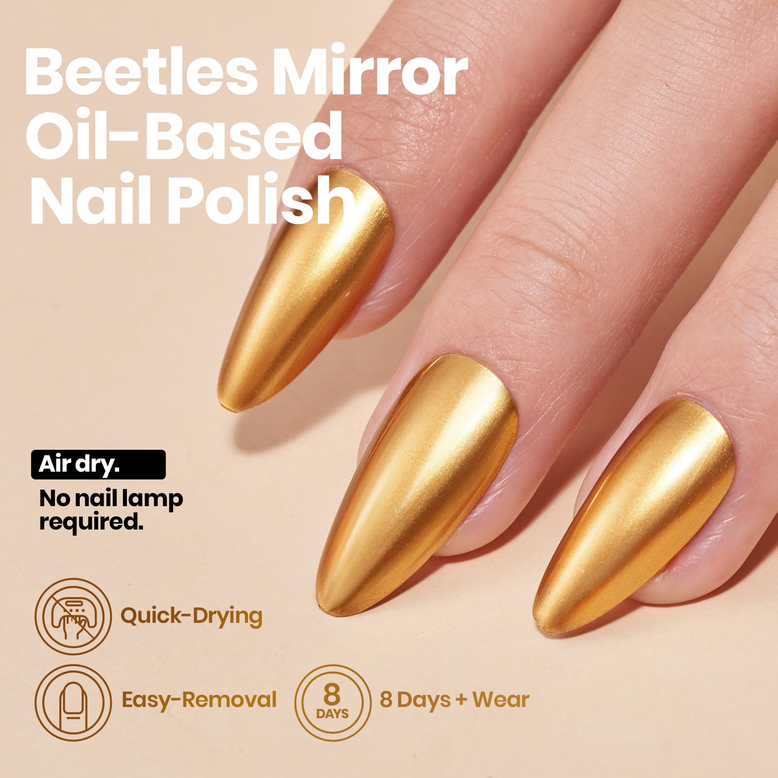 Beetles Mirror Gold Nail Polish – Golden Shine Quick-Drying Metallic Fingernail Polish Glossy Mirror Shine