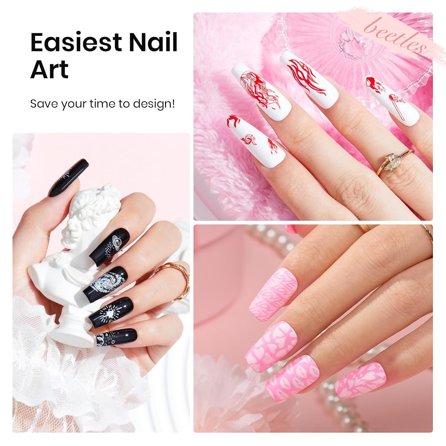 Beetles Palette Playbox Nail Stamp Gel 16Pcs French Tip Nail Stamp Kit with 8 Colors Stamper Gel Polish