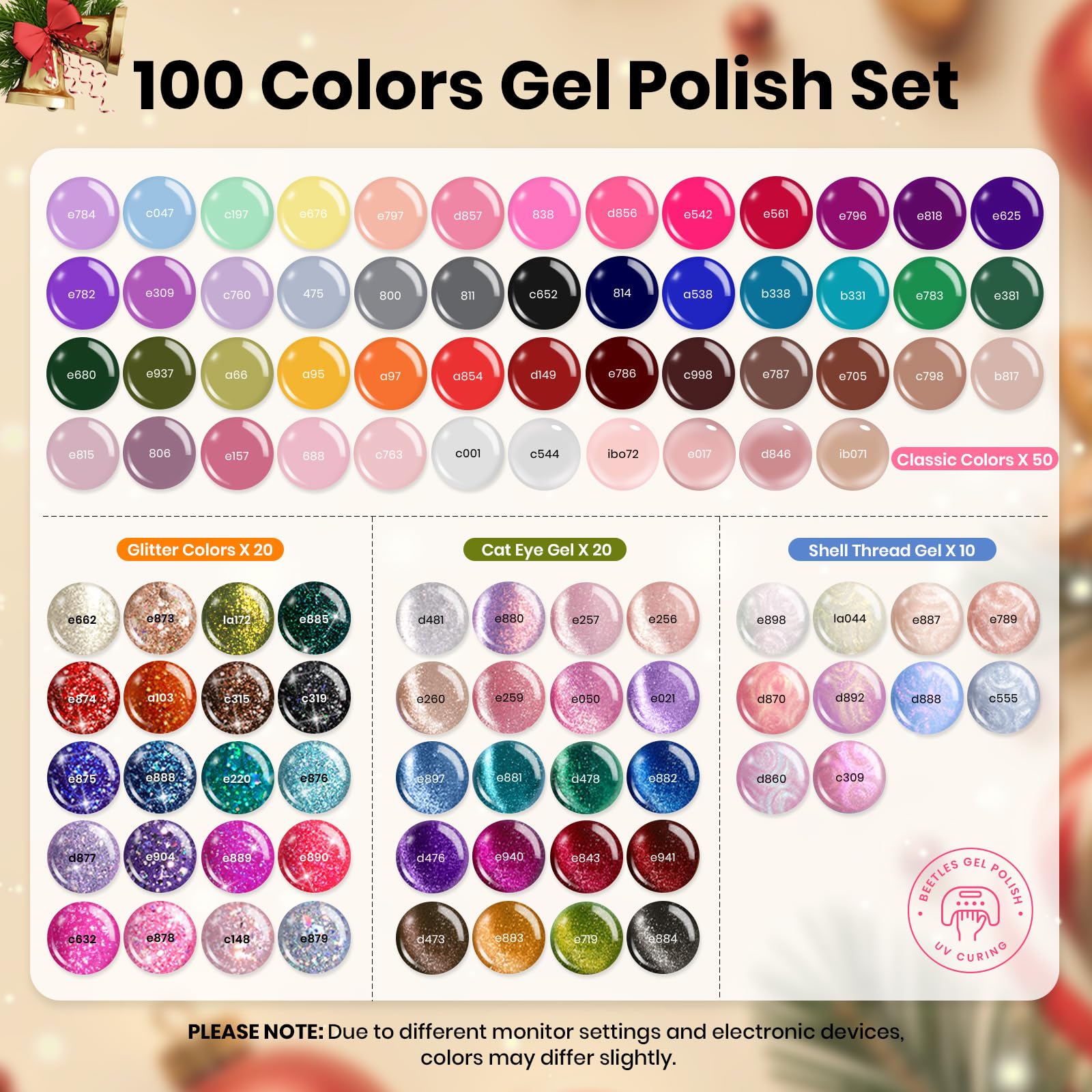 (Christmas Edition) Gift Set Nail Nook - 100 Colors 119PCS with Storage Bag Gel Polish Set for All Season