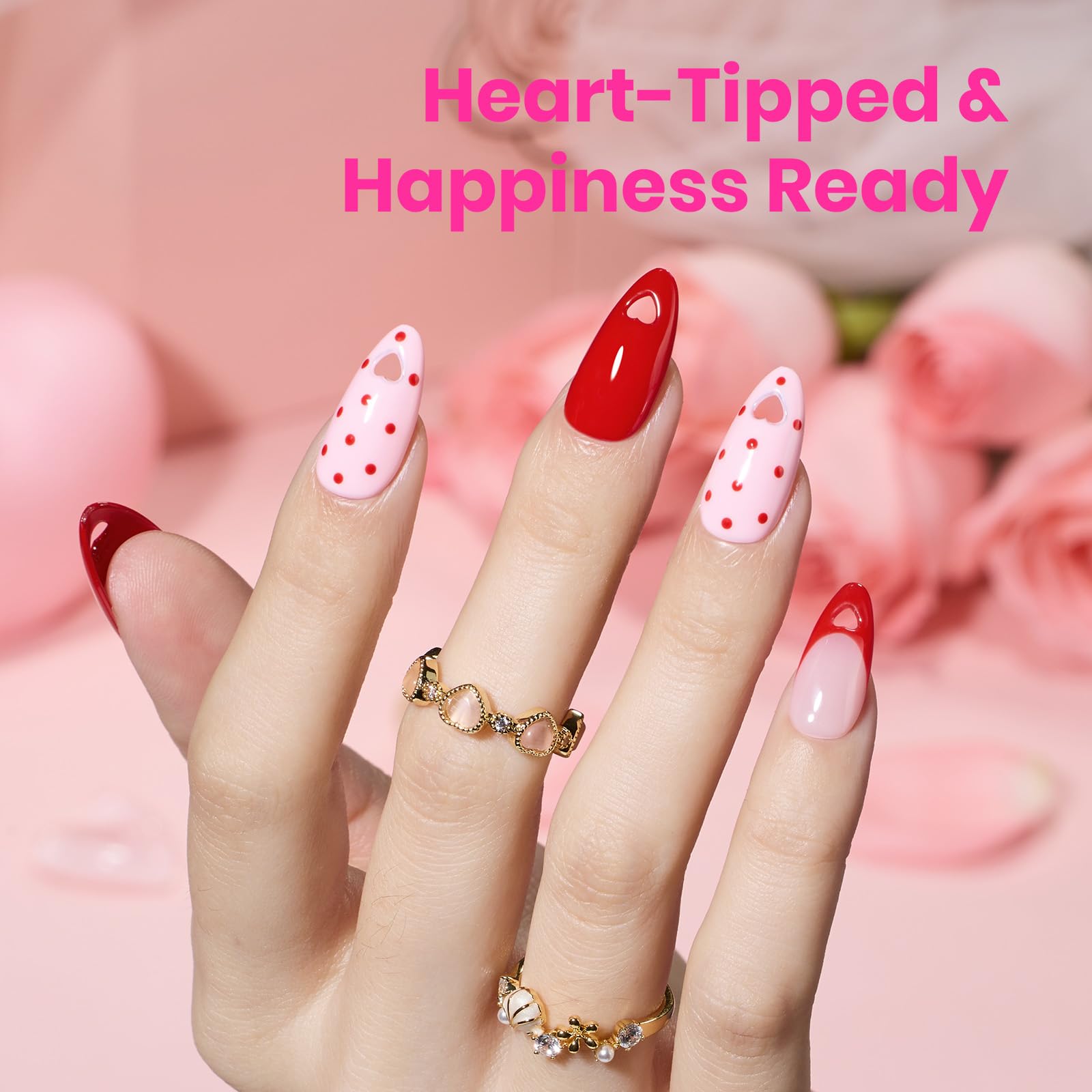Beetles Tipex Lite Valentine Nails Tips - 16 Sizes 256pcs Heart Cutout Pre-Built Apex Almond Medium