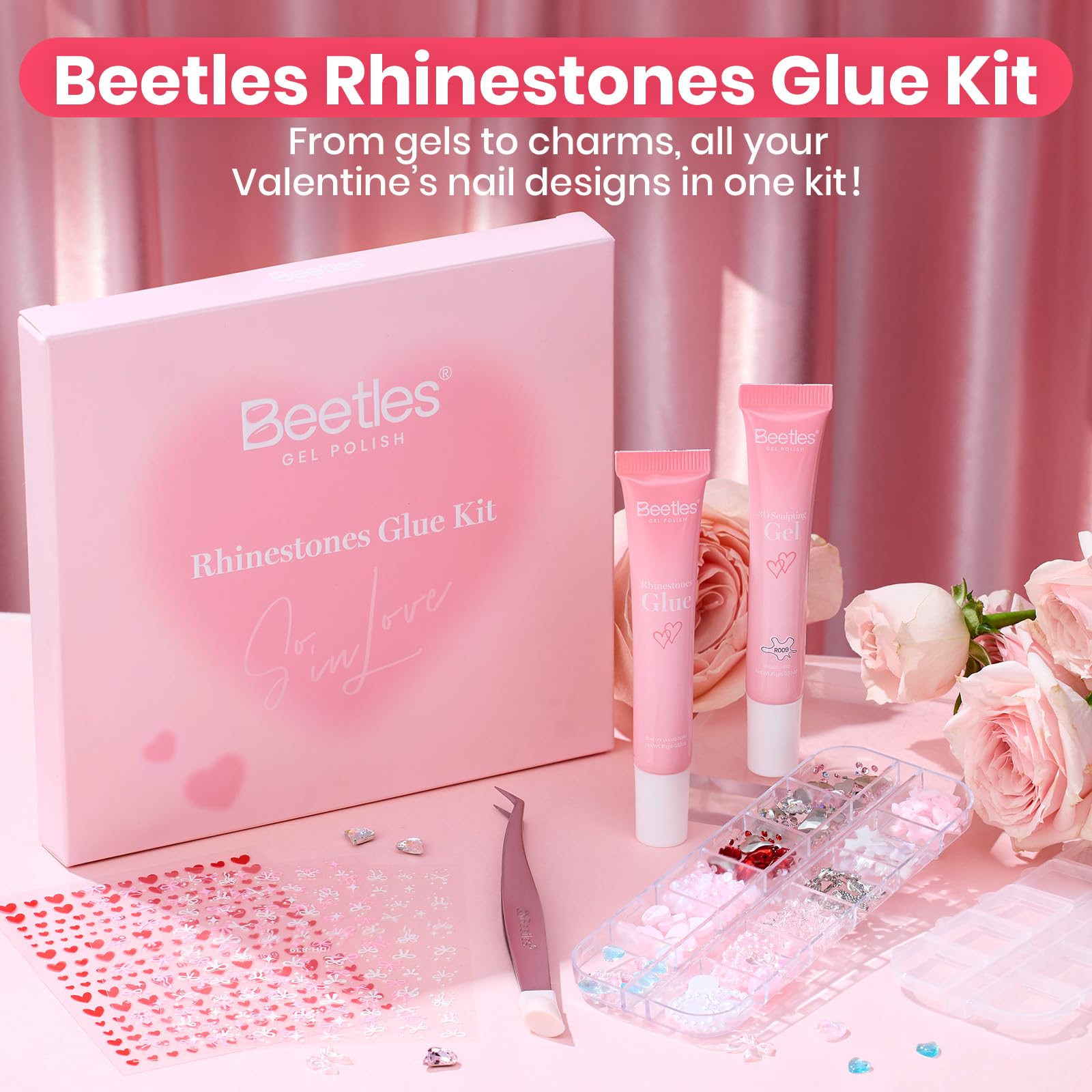 Beetles 3D Gel Nail Art Rhinestones Glue Kit - Valentine Nails Limited Nail Decorations for Nail polish
