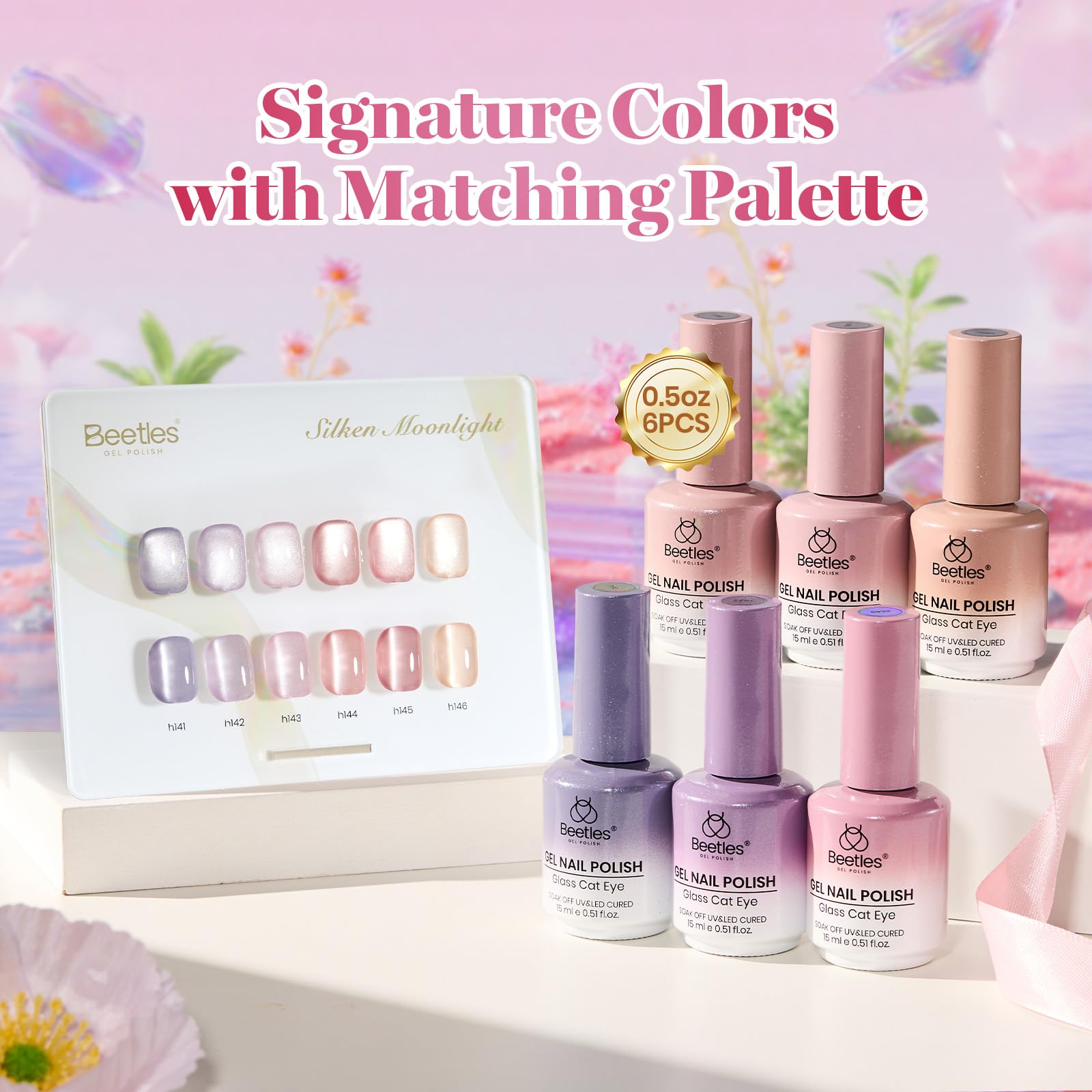 Beetles Gel Nail Polish Silken Moonlight Summer Nails 6 Colors 15ML Gold Purple Pink Nude Cat Eye Glitter Gel Polish Kit