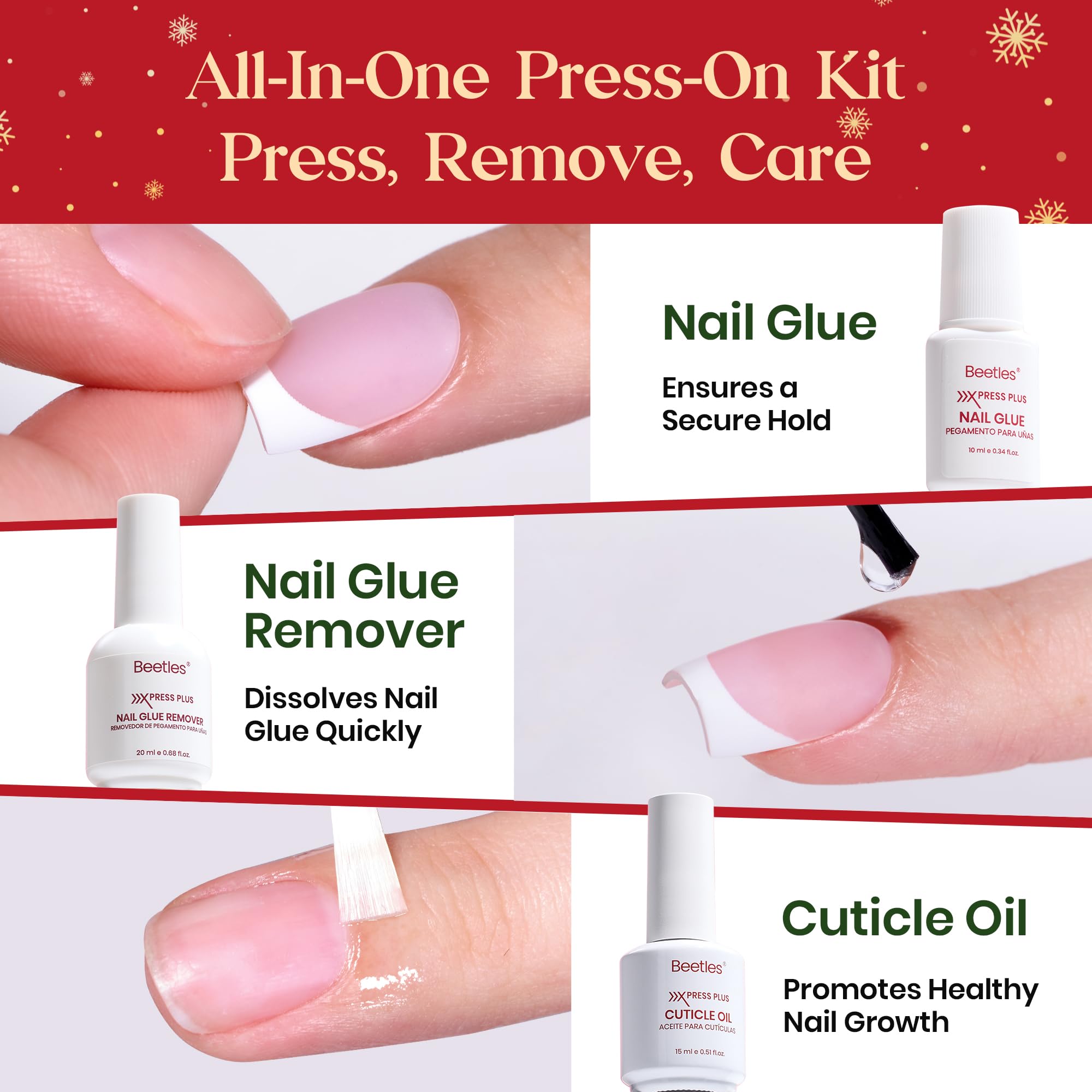 Beetles X Press Plus Red French Tip Nails Crimson French - 5 Colors Christmas Press On Nails Short Square 160Pcs 16 Sizes