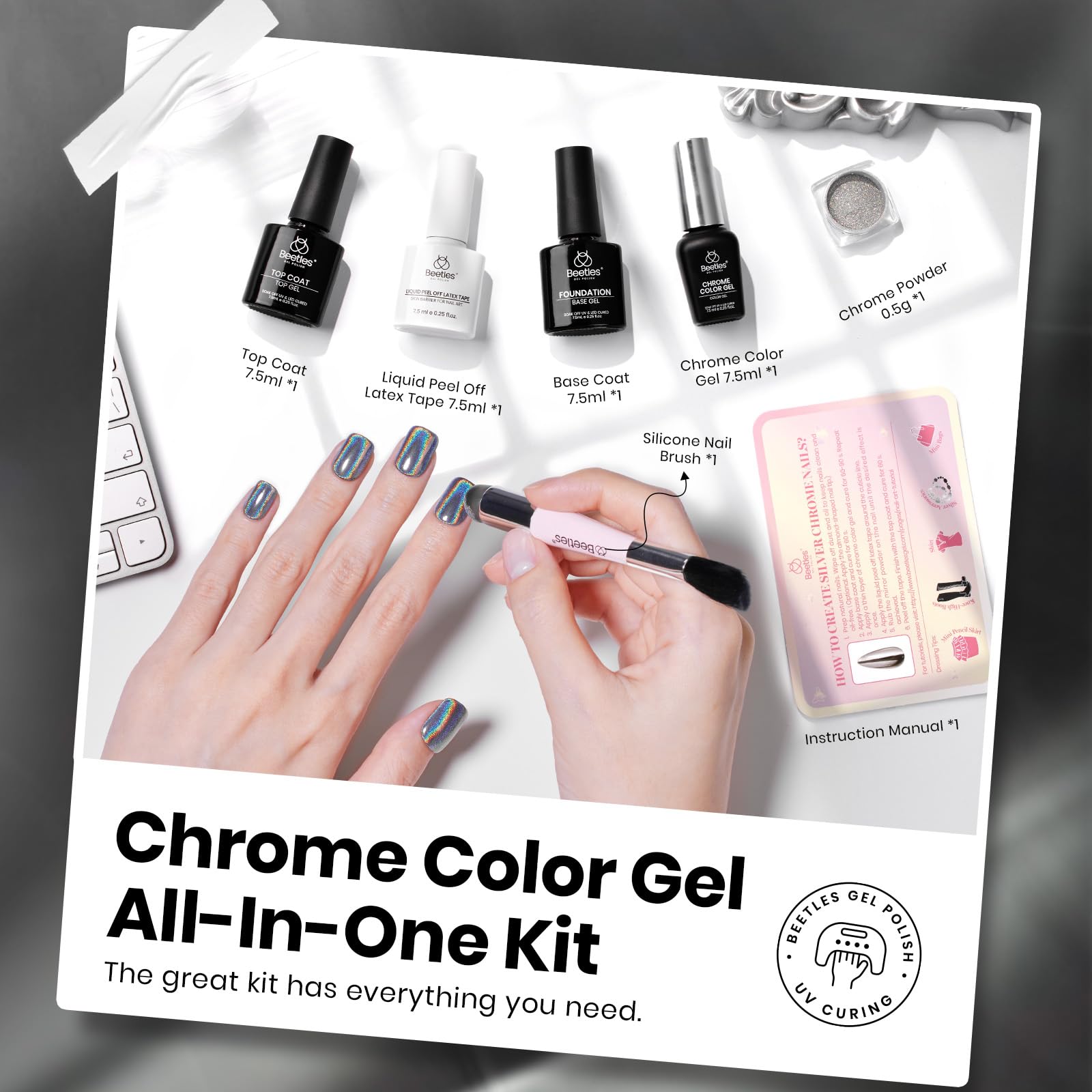 Silver Chrome Nail Powder Set|7.5ml Gel Polish Colors Glitter Gel Star Nails
